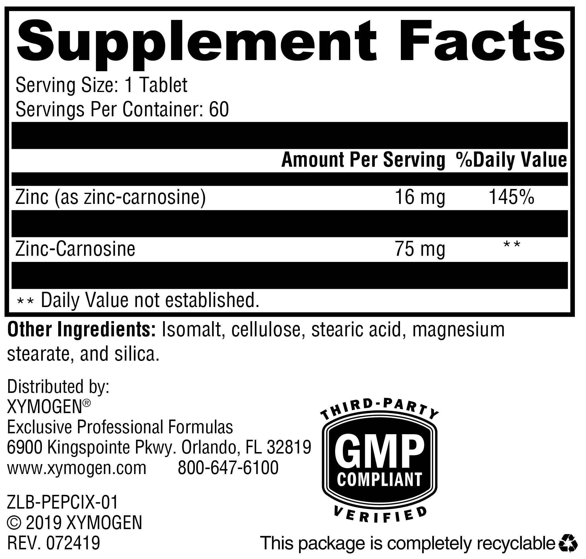 XYMOGEN PepciX Zinc with L-Carnosine for Gut Health - 60 Tablets