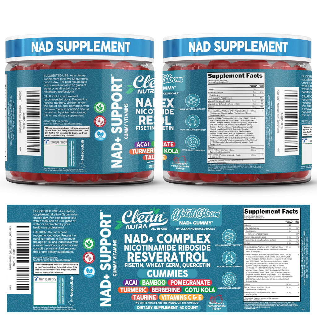 Youth Bloom NAD+ Gummies - Resveratrol, Turmeric & Collagen (60 Ct) | Clean Nutra