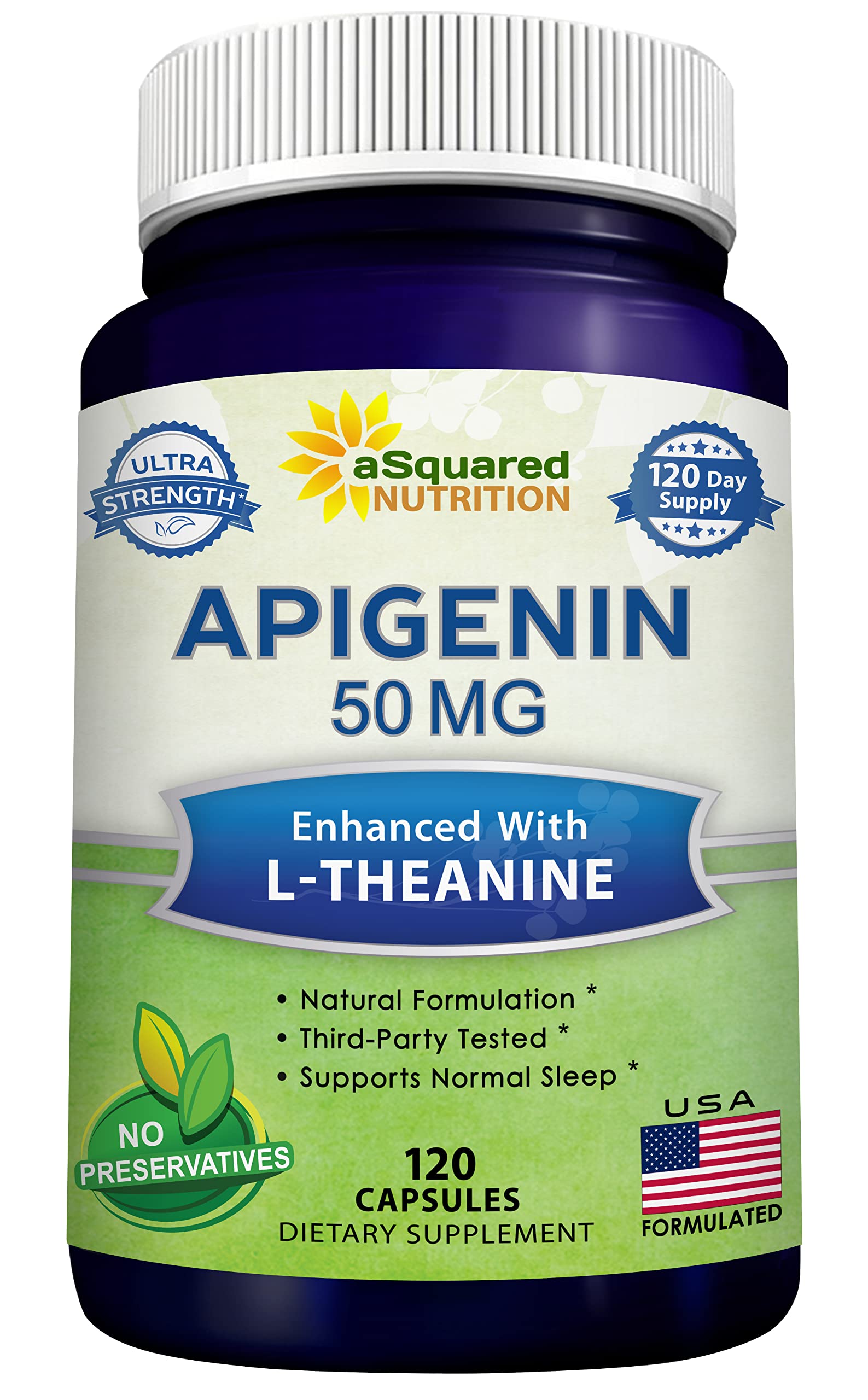 aSquared Nutrition Apigenin 50mg & L-Theanine 200mg – 120 Capsules for Sleep & Relaxation