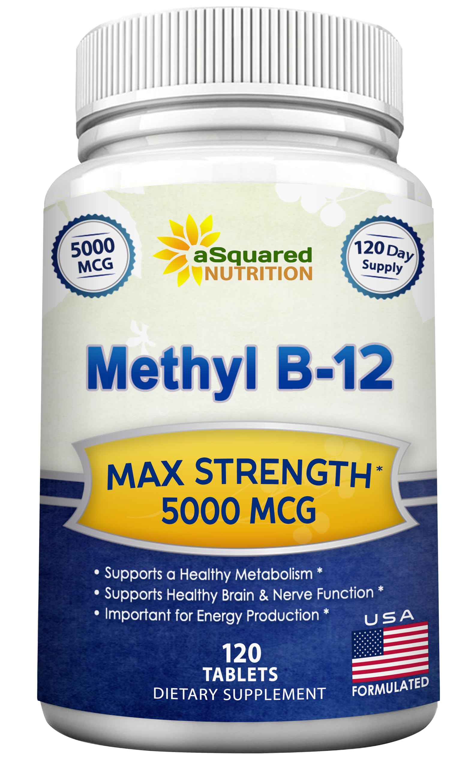 aSquared Nutrition Vitamin B12-5000 mcg (Methylcobalamin) – 120 Tablets | Max Strength Energy, Brain & Heart Support