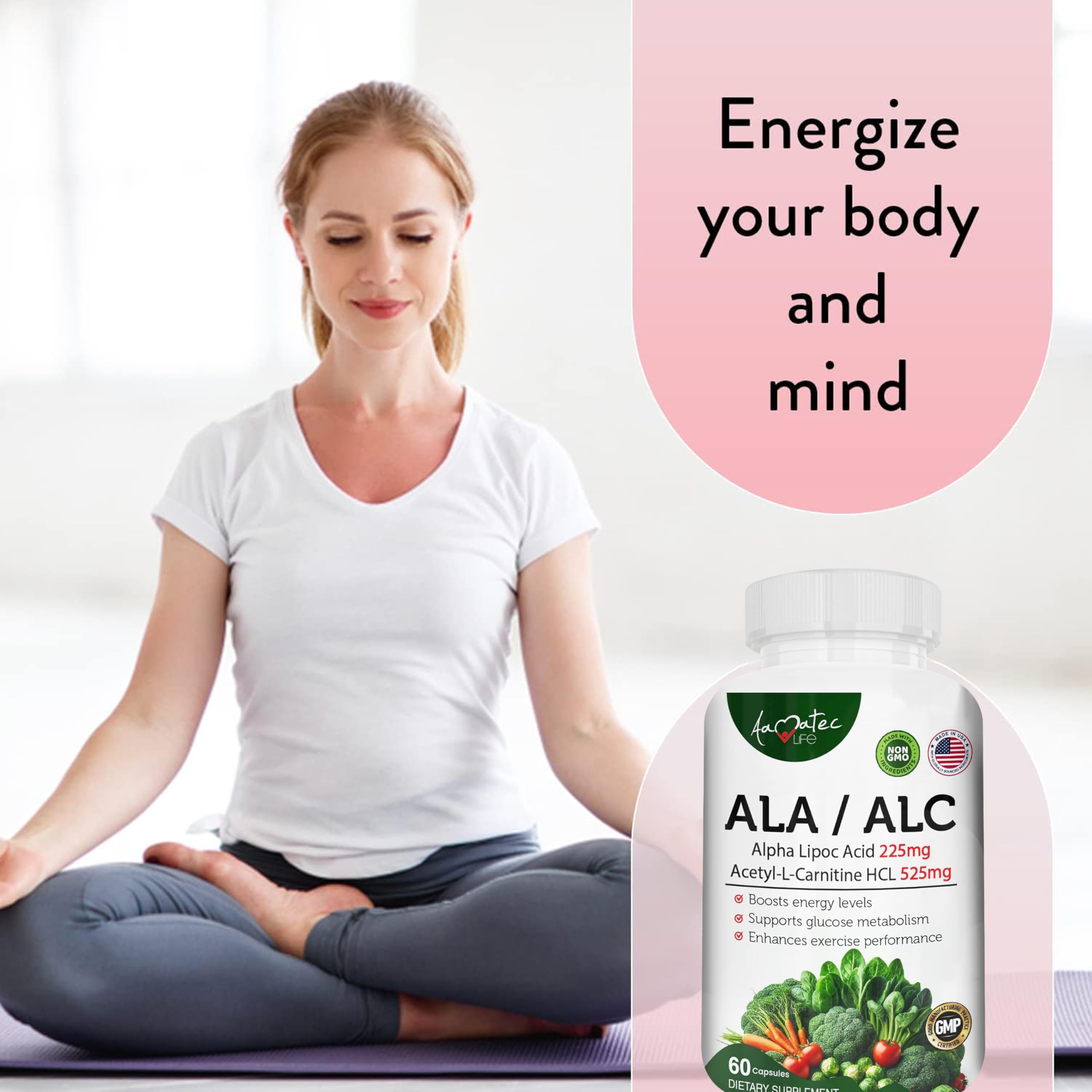 AAMATEC LIFE ALA/ALC High Potency Formula – Alpha Lipoic Acid & Acetyl-L-Carnitine HCl, Antioxidant Support, Energy Boost – 60 Capsules