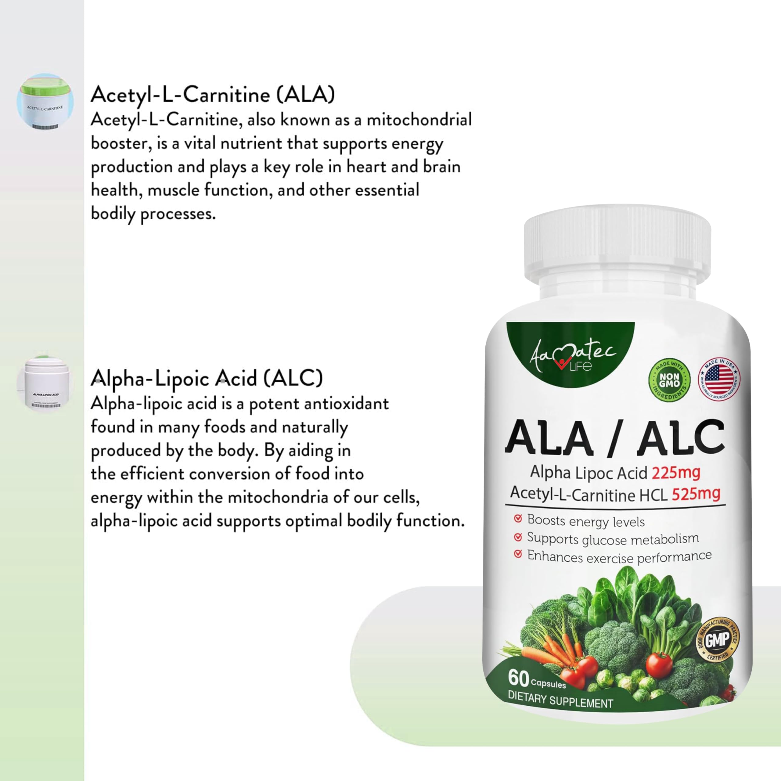 AAMATEC LIFE ALA/ALC High Potency Formula – Alpha Lipoic Acid & Acetyl-L-Carnitine HCl, Antioxidant Support, Energy Boost – 60 Capsules