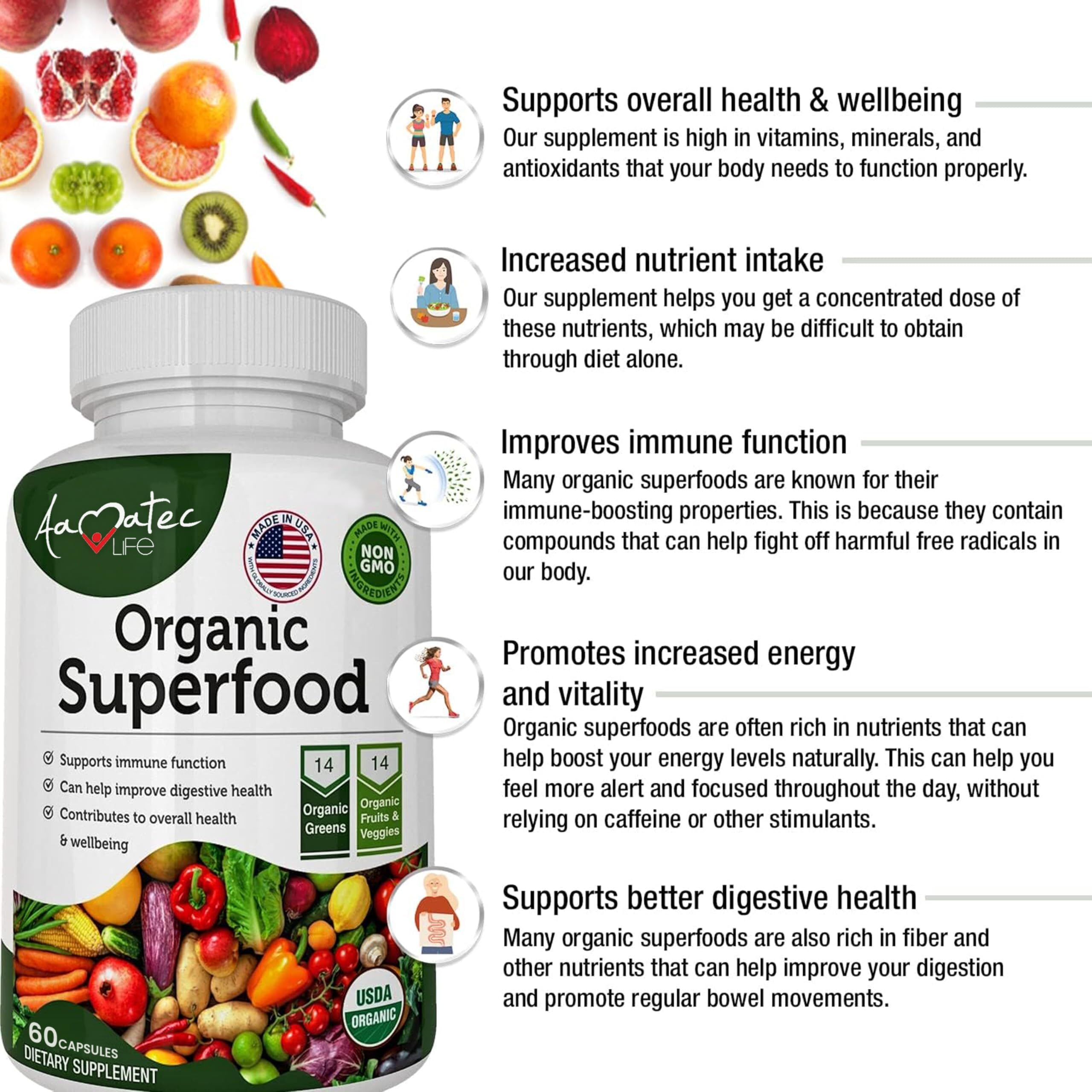 Aamatec Life Organic Superfood: 14 Greens & 14 Fruits, Non-GMO, 60 Capsules