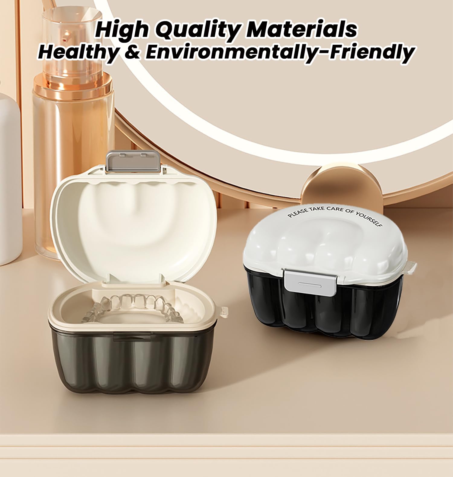 AARAINBOW 2-in-1 Retainer Cleaner Case – Leak-Proof Denture Bath Box with Strainer Basket (D White)