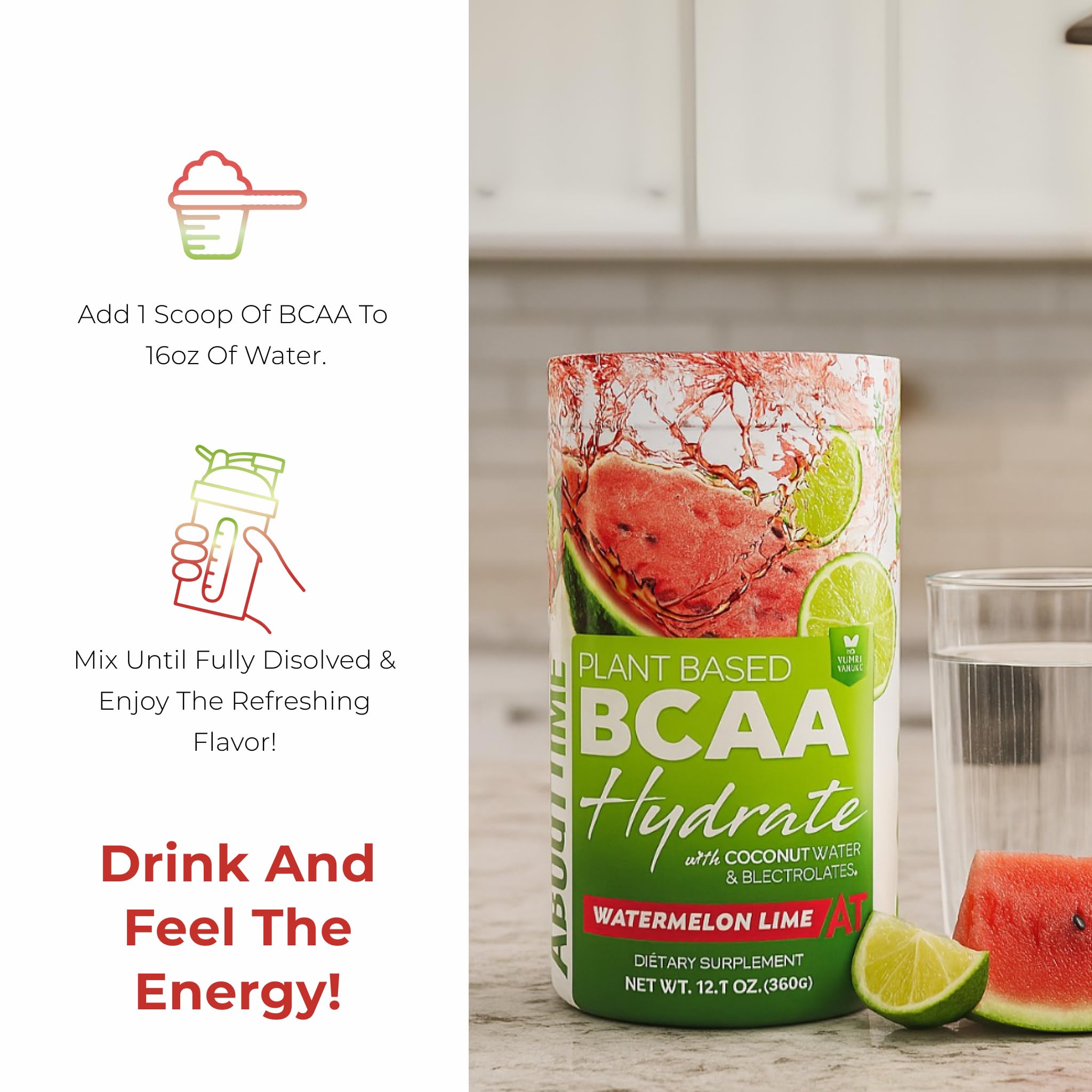About Time BCAA Hydration Powder Watermelon Lime – L-Glutamine & Electrolytes, Non-GMO, Gluten Free, Monk Fruit, Coconut Water, 20 Servings