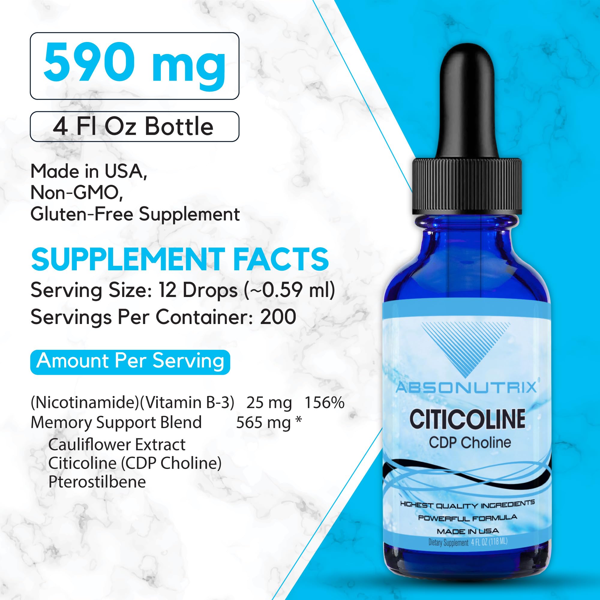 Absonutrix Citicoline 590 mg – USA Made, GMP Certified, Non-GMO | 4 oz Bottle