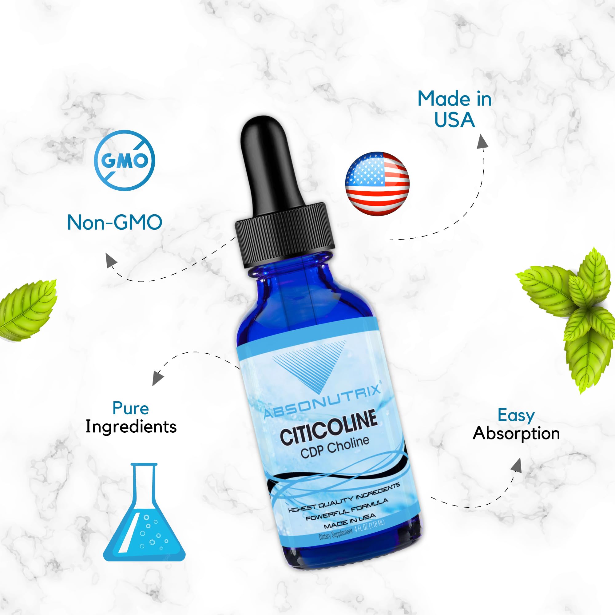 Absonutrix Citicoline 590 mg – USA Made, GMP Certified, Non-GMO | 4 oz Bottle