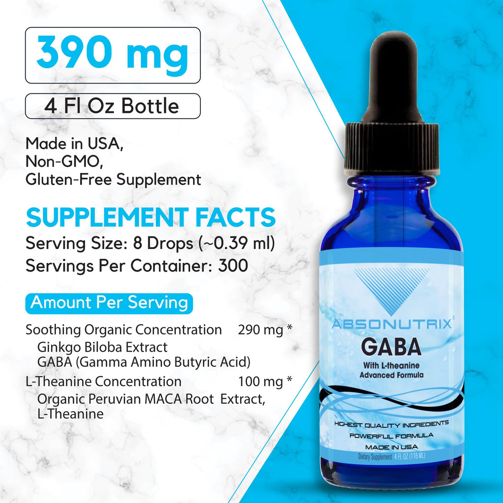 Absonutrix GABA + L-Theanine 290 mg Liquid — 4 oz, 300 Servings, Made in USA