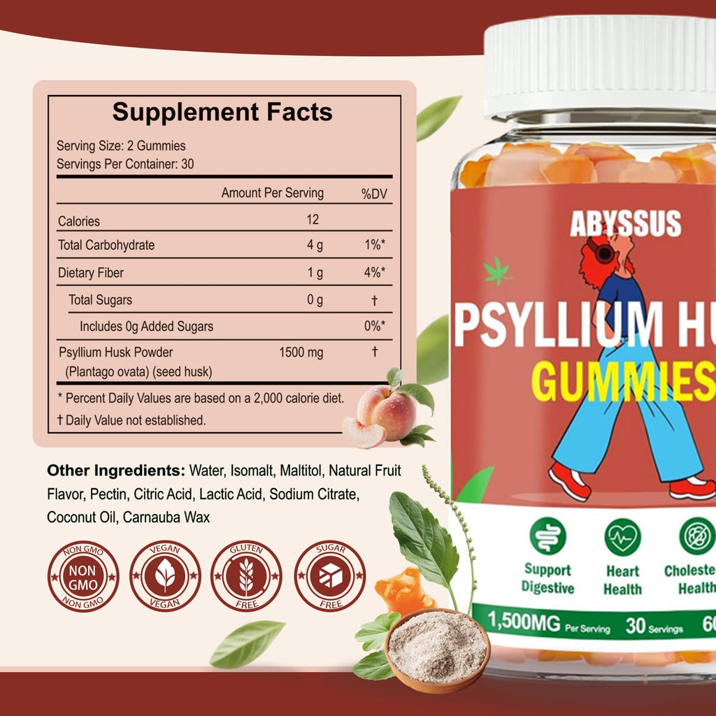 ABYSSUS Psyllium Husk Gummies 1500mg – Digestive Health, Sugar-Free Peach, 60 Count