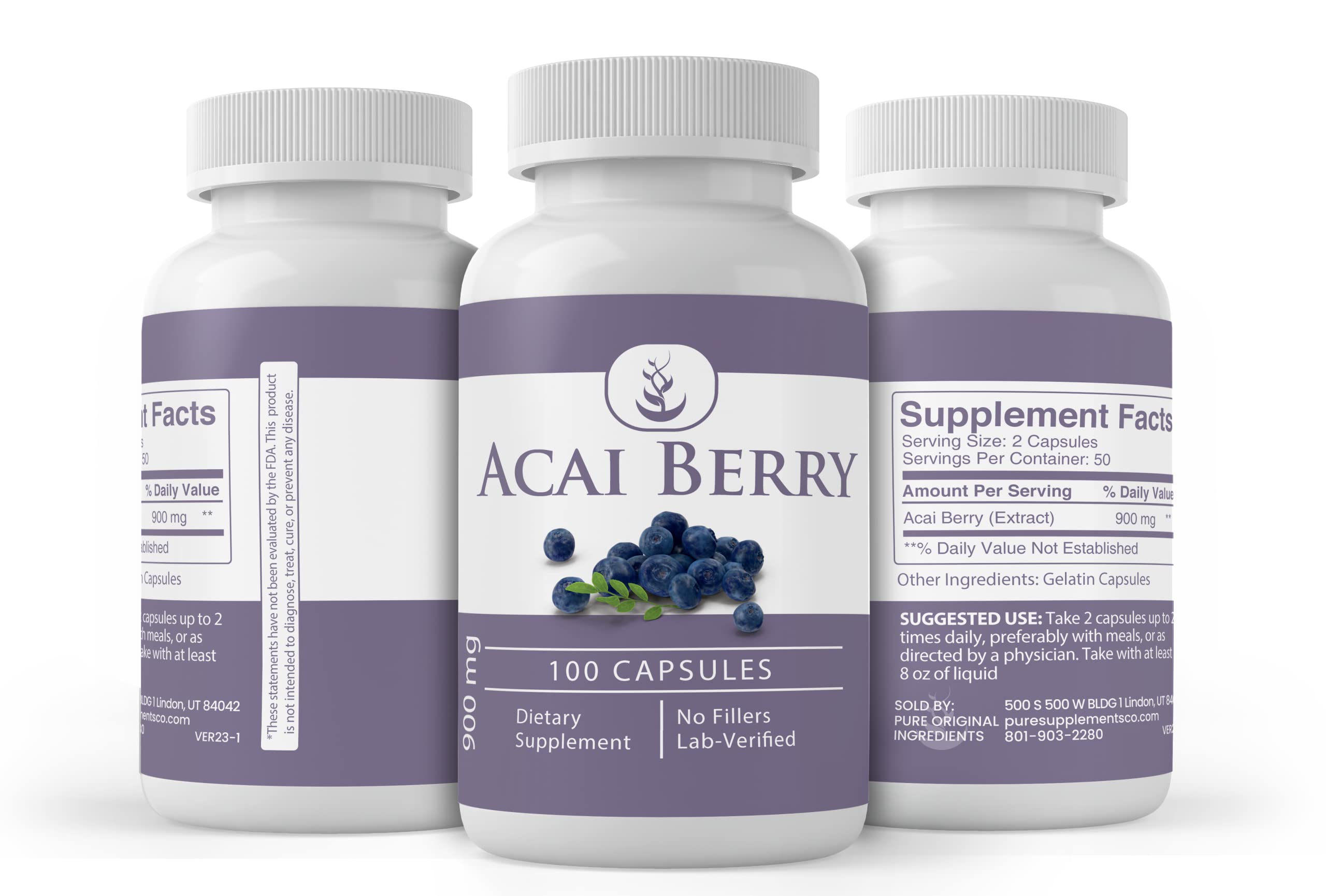 Acai Berry Capsules 100 (Pack of 2) – Pure Original Ingredients, No Magnesium or Rice Fillers, Lab Verified