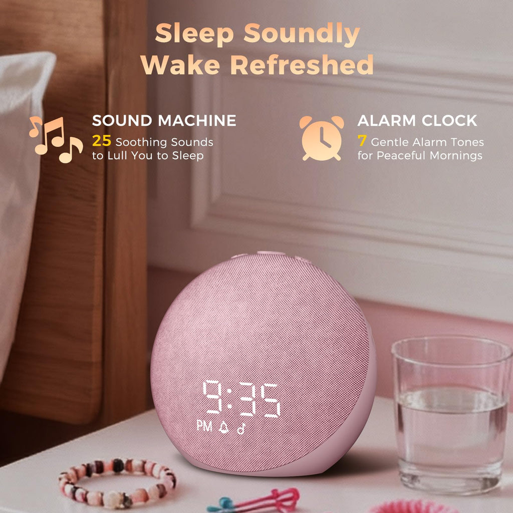 Acedeck Sound Machine Alarm Clock Pink | 25 Sleep Sounds, Gentle Wake, Bluetooth Speaker