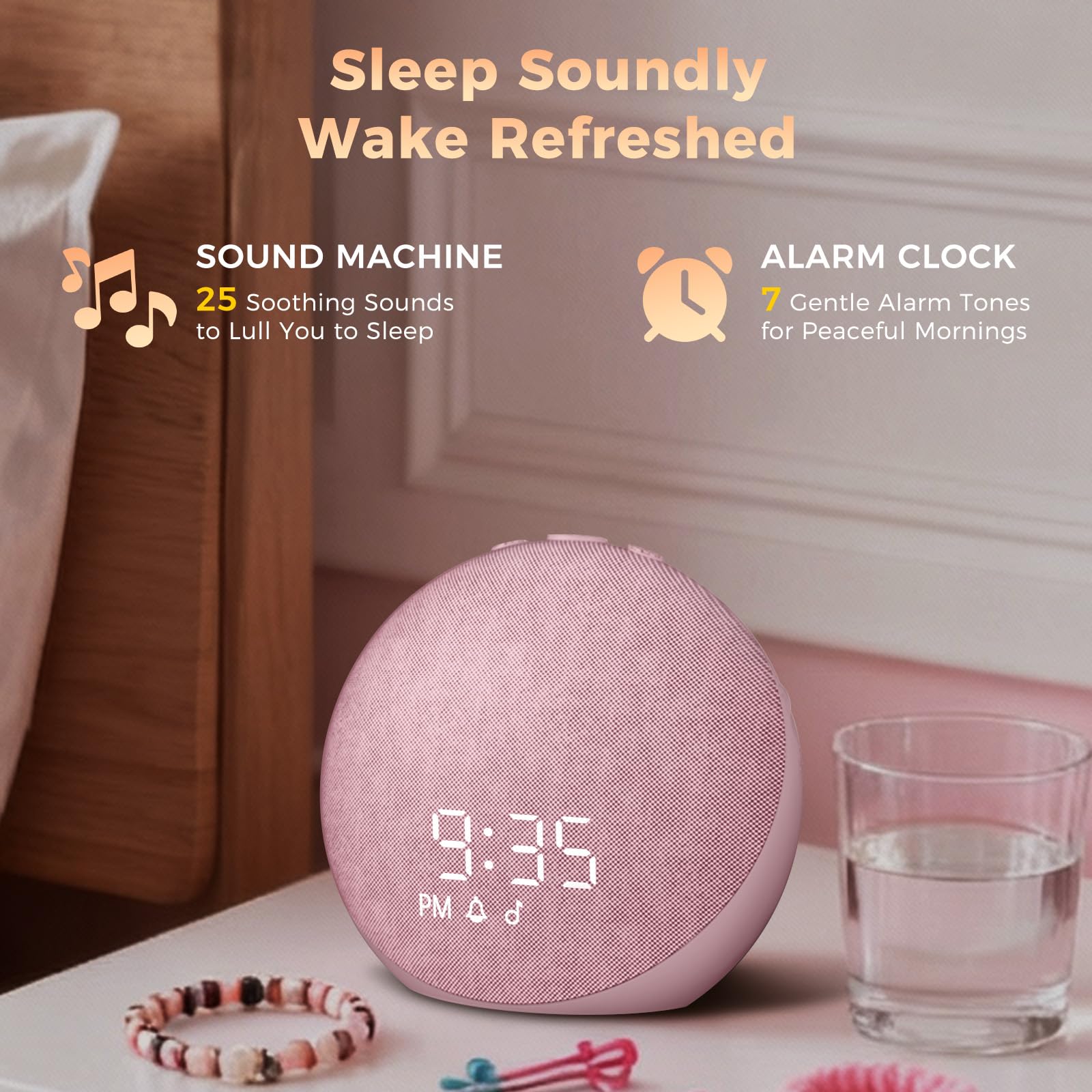 Acedeck Sound Machine Alarm Clock Pink | 25 Sleep Sounds, Gentle Wake, Bluetooth Speaker