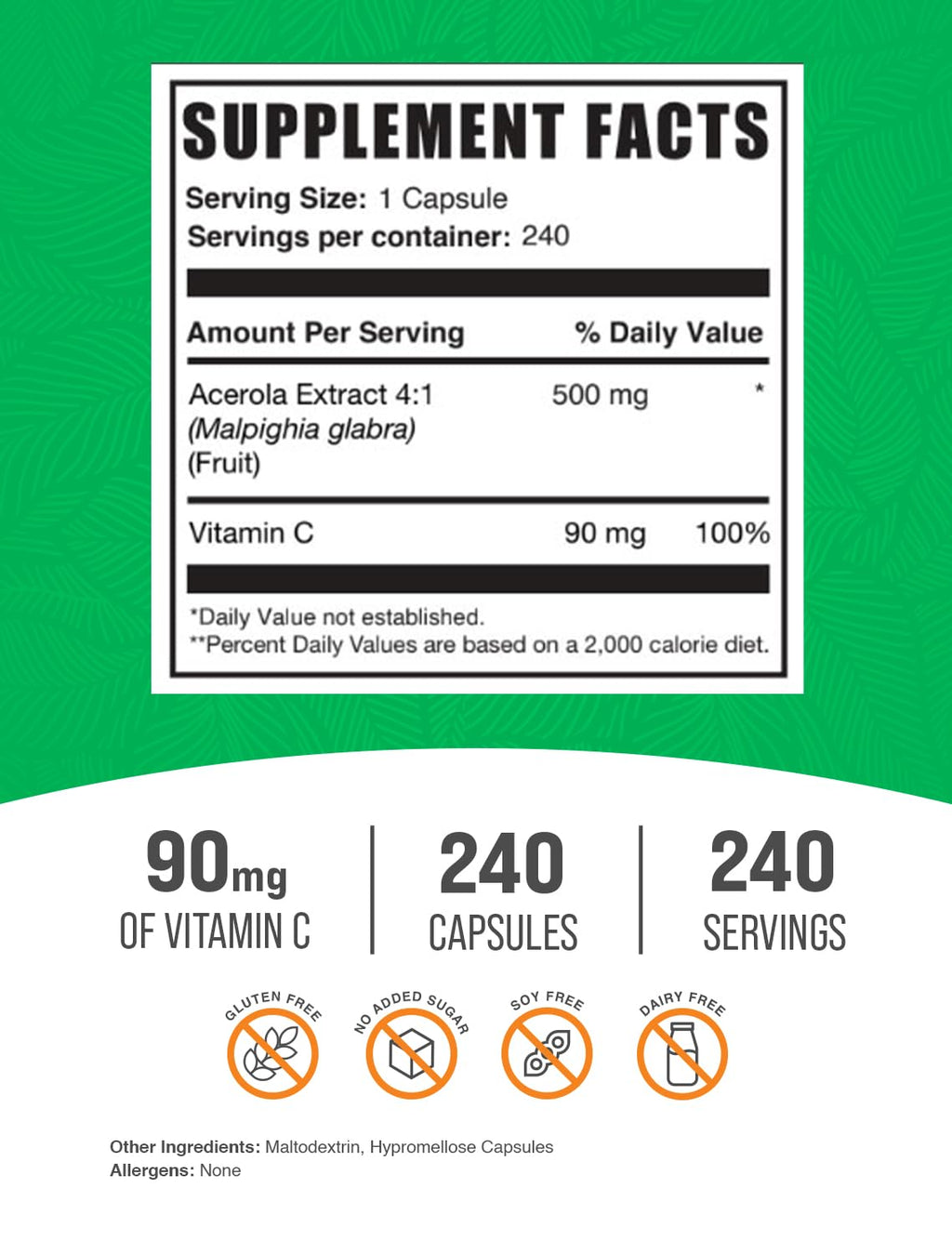 Vitamin C from Acerola Cherry Capsules - Gluten Free, 240 Veg Caps