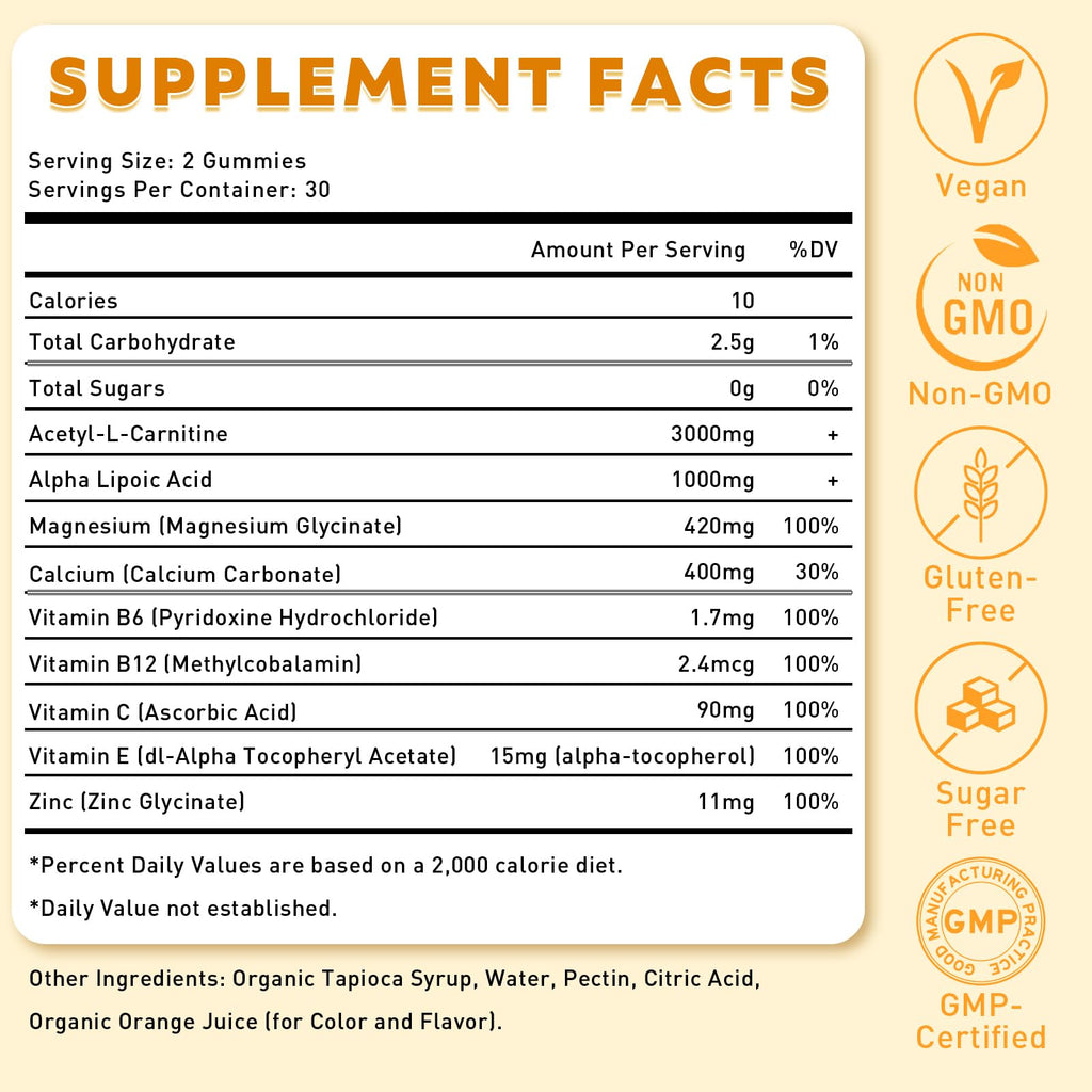 2 Pack Acetyl L-Carnitine Gummies – Energy & Brain Support (Vegan, Non-GMO)