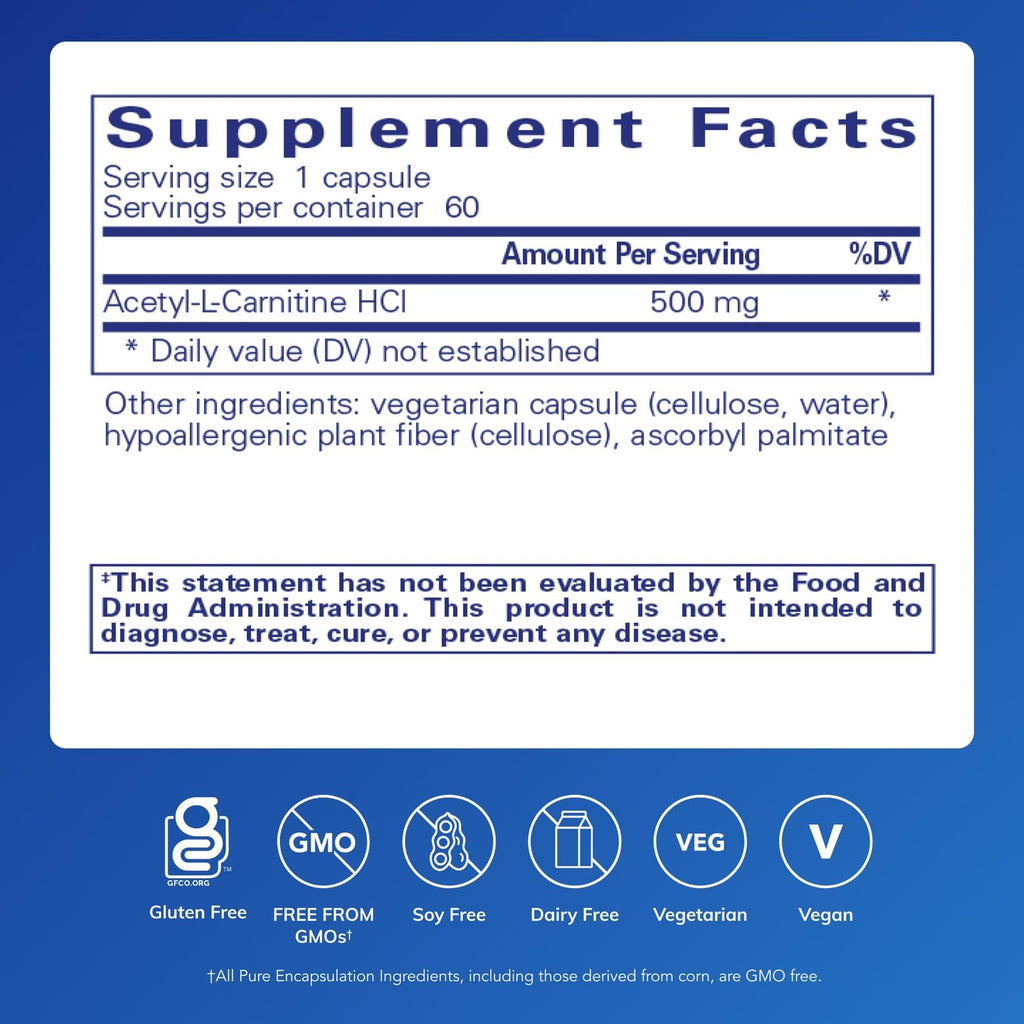 Pure Encapsulations Acetyl-L-Carnitine 500 mg | Memory & Focus Support | Gluten Free & Non-GMO | 60 Capsules