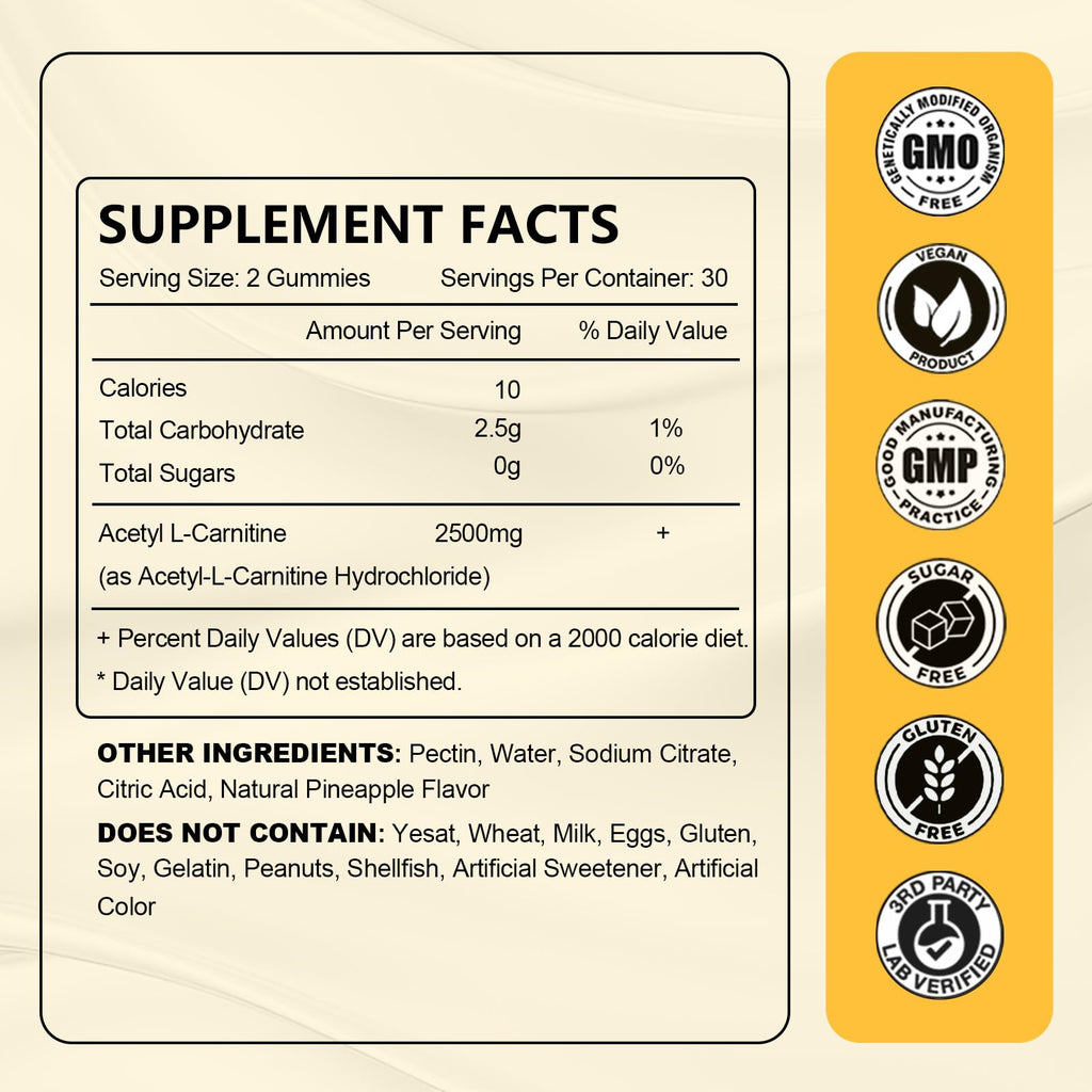 2 Pack Acetyl L-Carnitine Gummies Sugar Free - Premium L-Carnitine Supplement for Energy, Focus & Brain Support | 120 Count