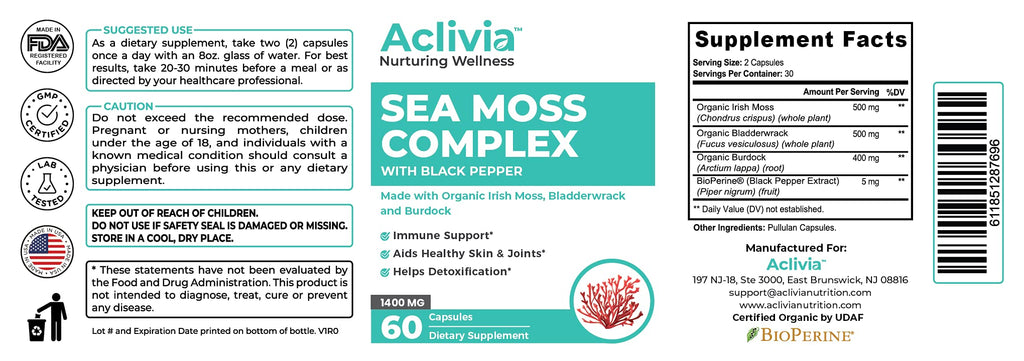 Aclivia Organic Irish Sea Moss Capsules with Bladderwrack & Burdock Root | 102 Minerals - Thyroid Support, Immune Boost - Non-GMO (60 Count)