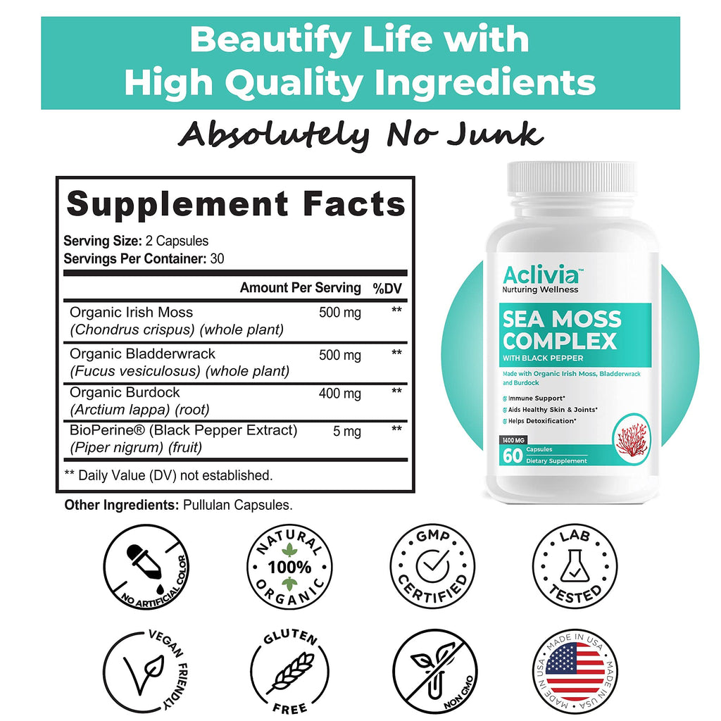 Aclivia Organic Irish Sea Moss Capsules with Bladderwrack & Burdock Root | 102 Minerals - Thyroid Support, Immune Boost - Non-GMO (60 Count)