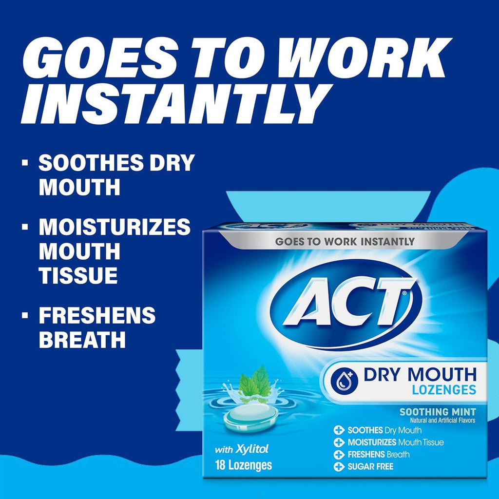 ACT Dry Mouth Lozenges Mint with Xylitol – 18 Count, Pack of 4