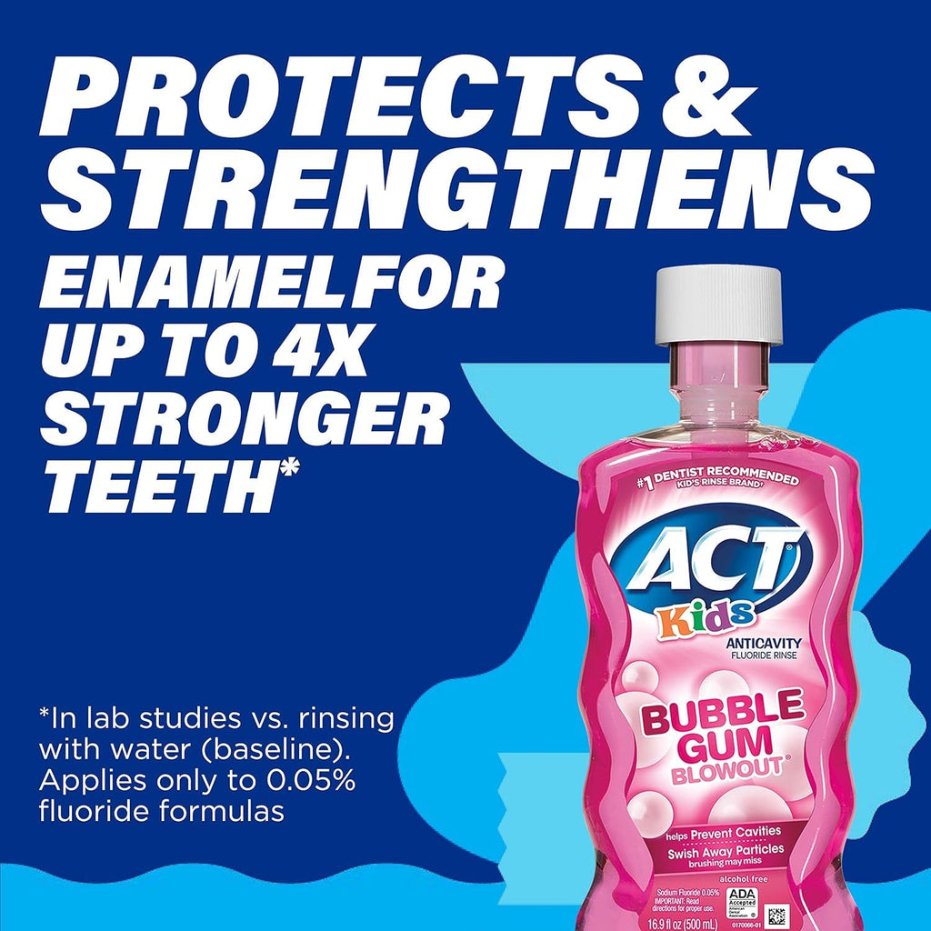 ACT Kids Fluoride Rinse Bubblegum Blowout Flavor – 18 oz Bottles (Pack of 3)