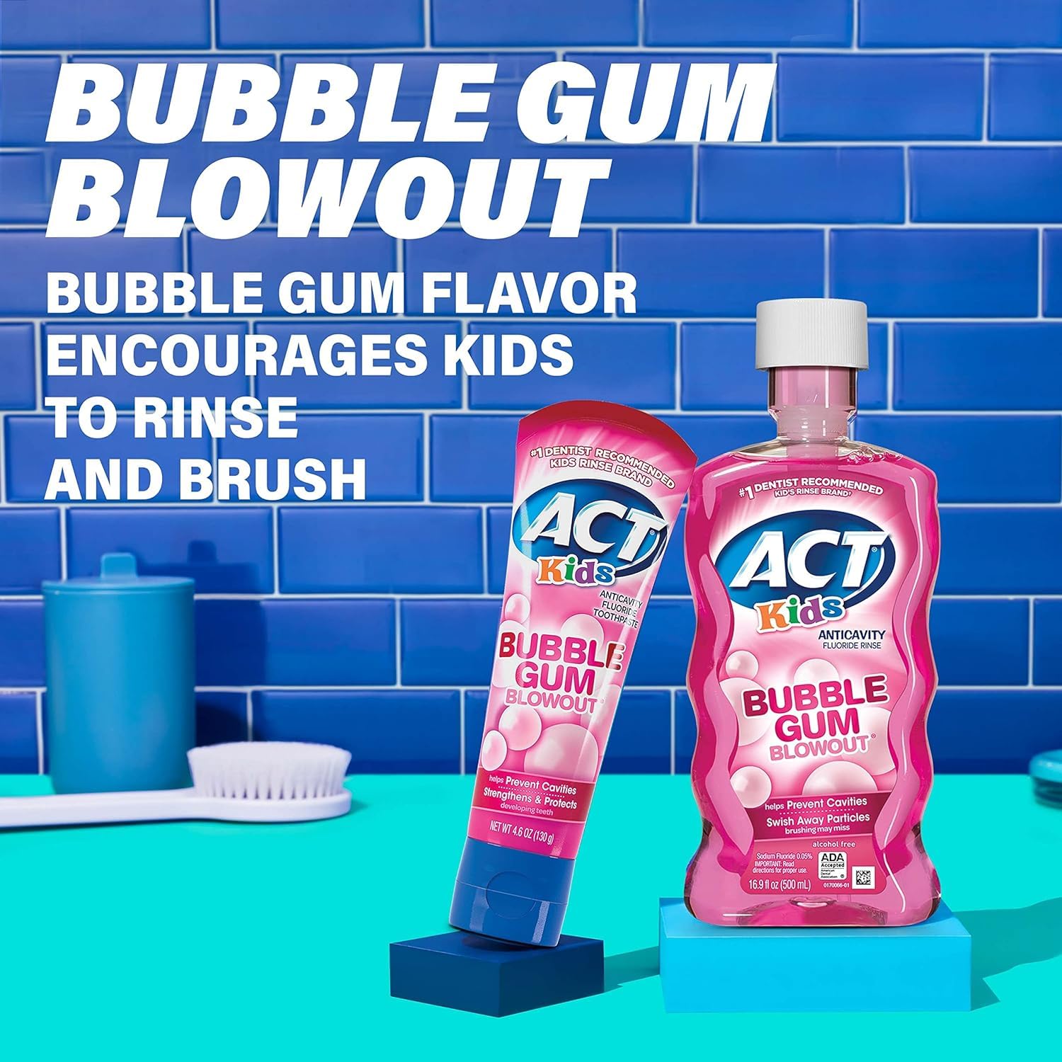 ACT Kids Fluoride Rinse Bubblegum Blowout Flavor – 18 oz Bottles (Pack of 3)