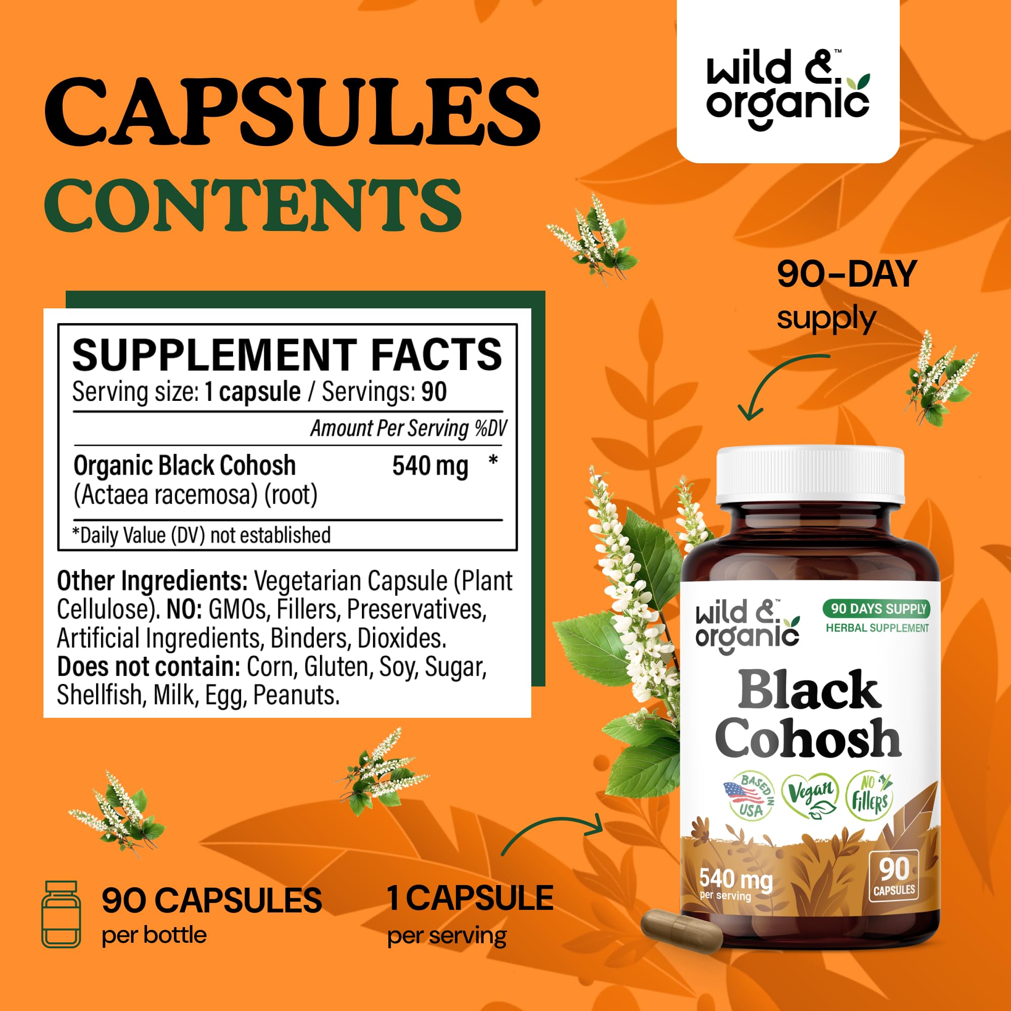 Wild & Organic Black Cohosh for Women Capsules 540 mg | Vegan, Non-GMO | 90-Count