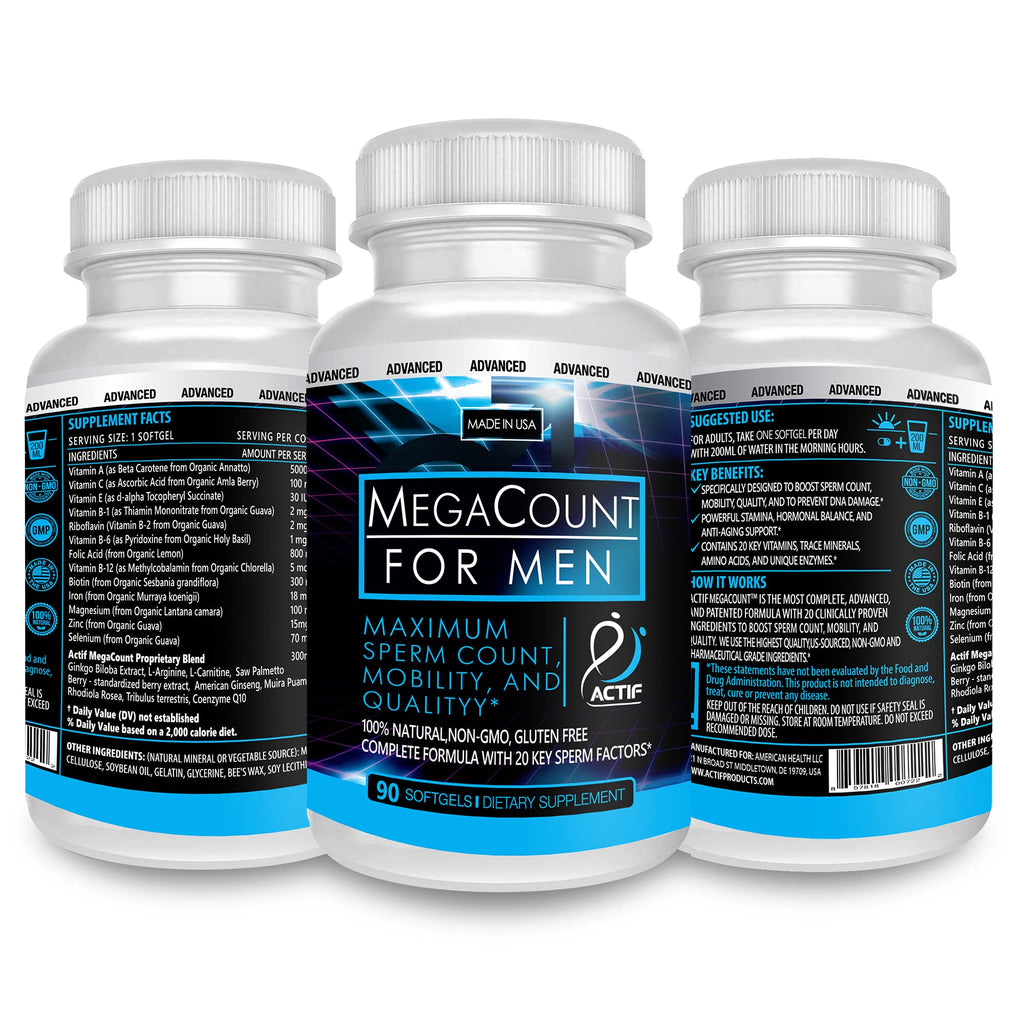 ACTIF MegaCount for Men - Maximum Fertility Support & Sperm Count Booster | 90 Softgels, USA Made, Non-GMO