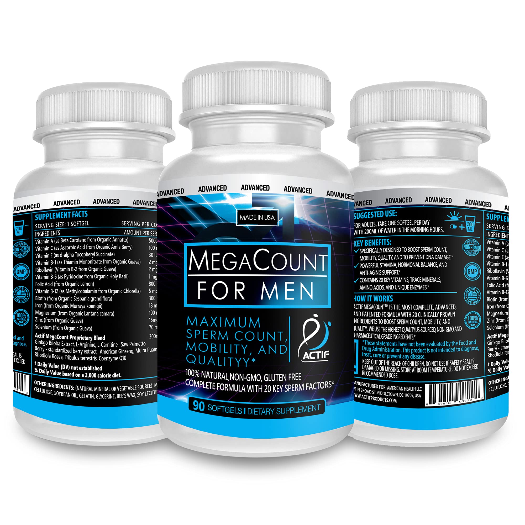ACTIF MegaCount for Men - Maximum Fertility Support & Sperm Count Booster | 90 Softgels, USA Made, Non-GMO