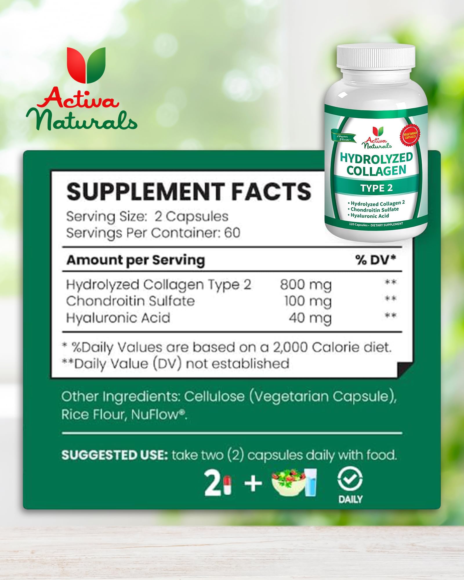 Activa Naturals Collagen Type 2 + Chondroitin & Hyaluronic - 120 Veg Capsules