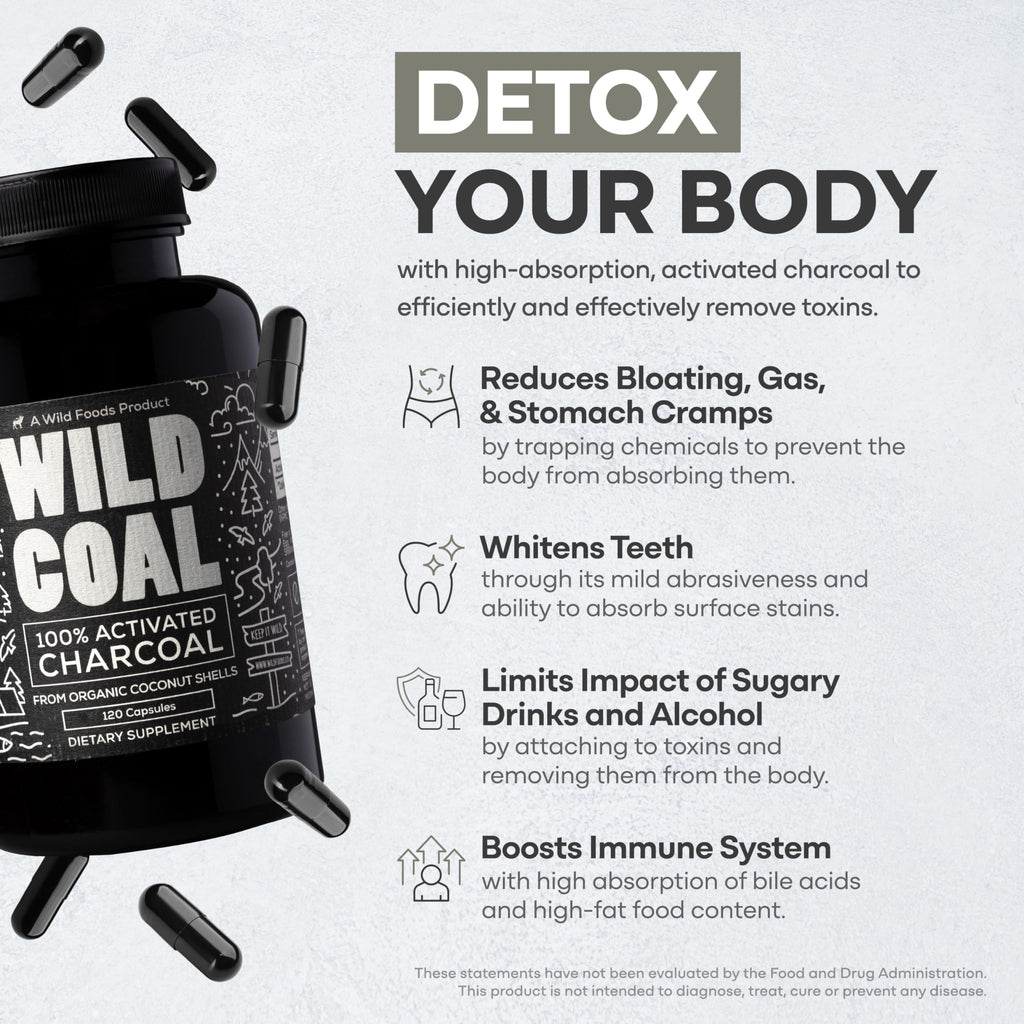 Wild Foods Activated Charcoal Capsules – 100% Organic Coconut Shells, Made in USA (120 Ct)