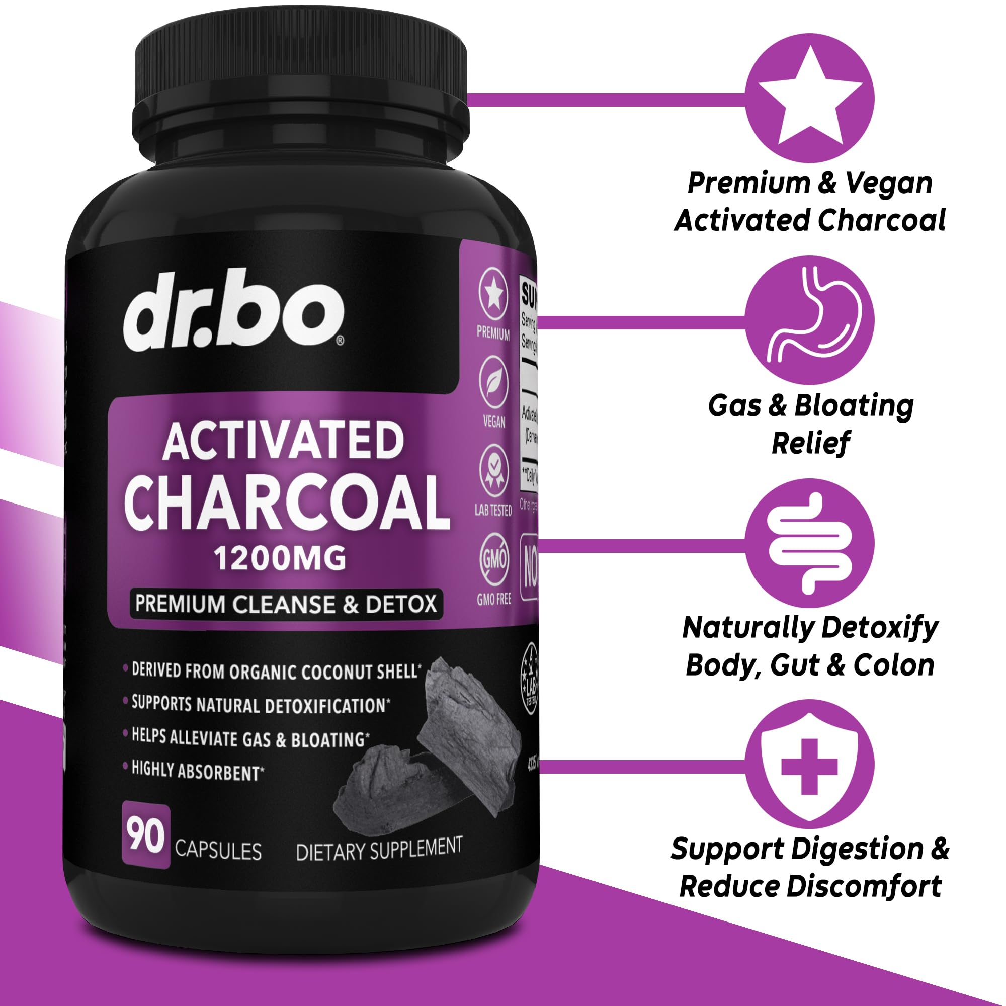 Activated Charcoal Capsules Detox 1200mg – Organic Coconut Charcoal Pills for Gas & Bloating Relief