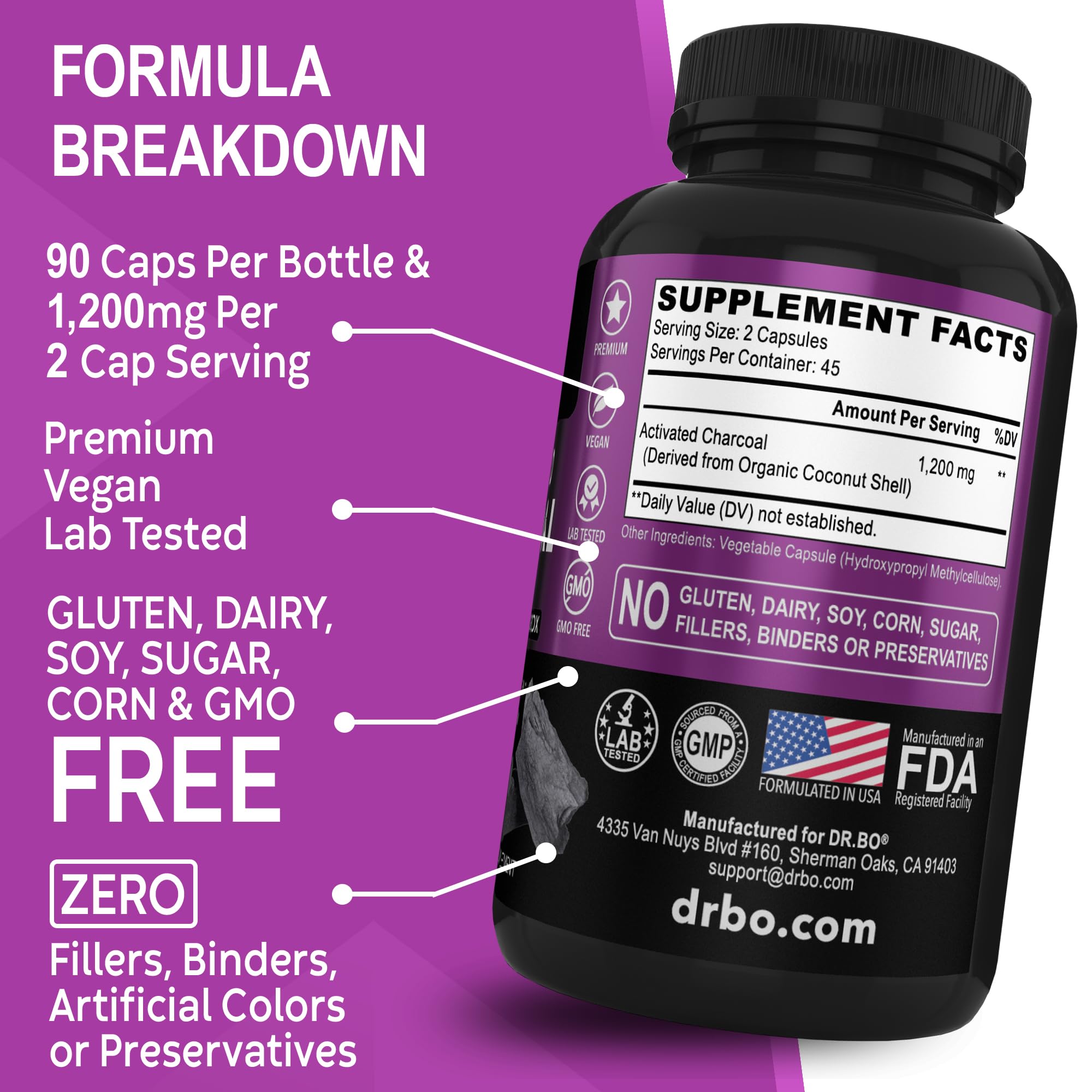 Activated Charcoal Capsules Detox 1200mg – Organic Coconut Charcoal Pills for Gas & Bloating Relief