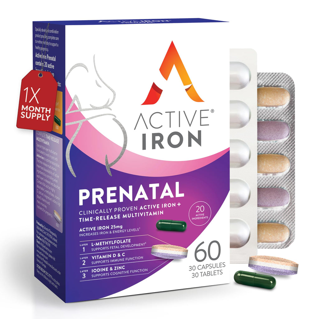 Active Iron Prenatal | Iron + Time-Release Prenatal Vitamins for Women (60 Capsules)
