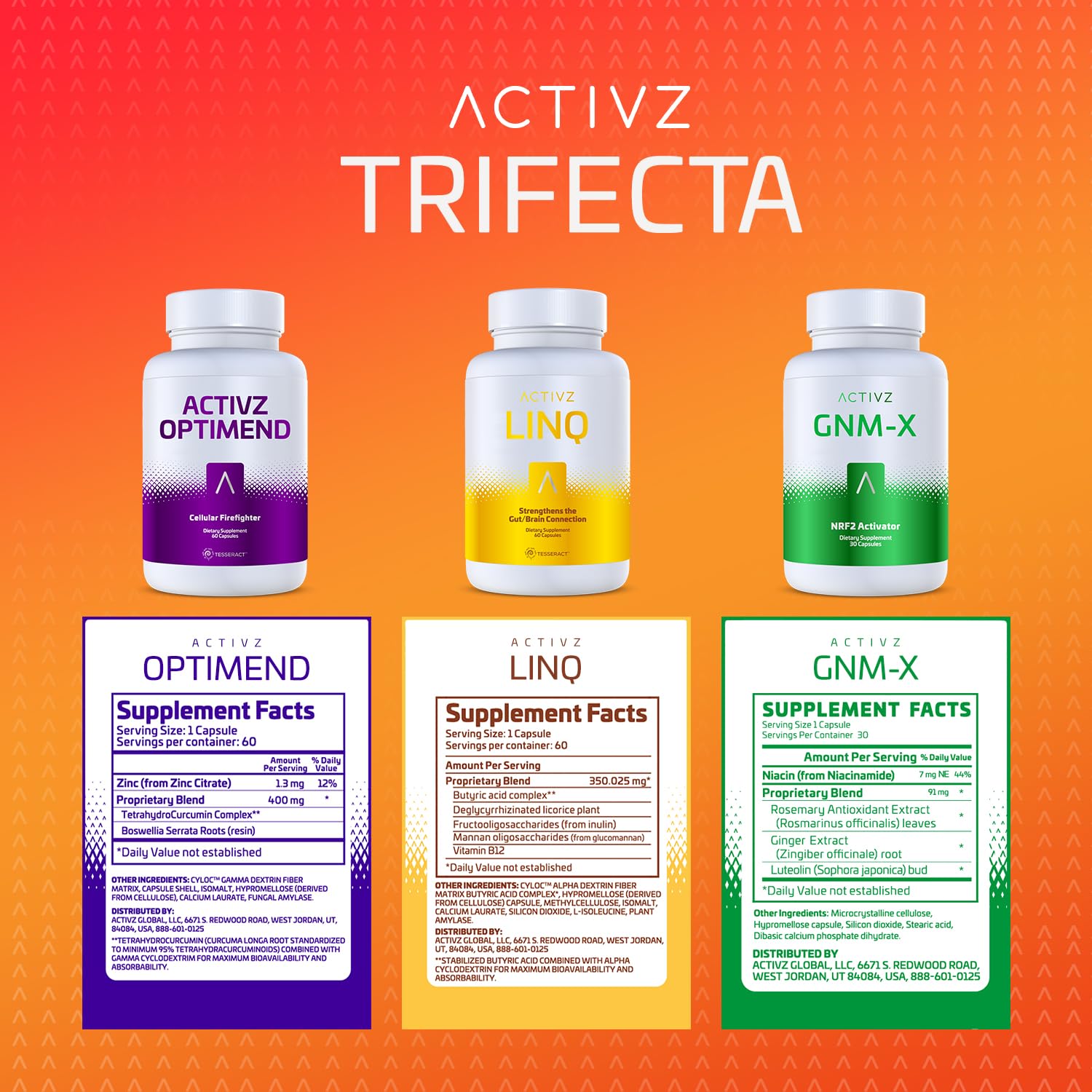 ACTIVZ Trifecta: GNM-X, Optimend & LINQ 3 Pack – Nrf2 Activation, Flexibility, Brain & Gut Function