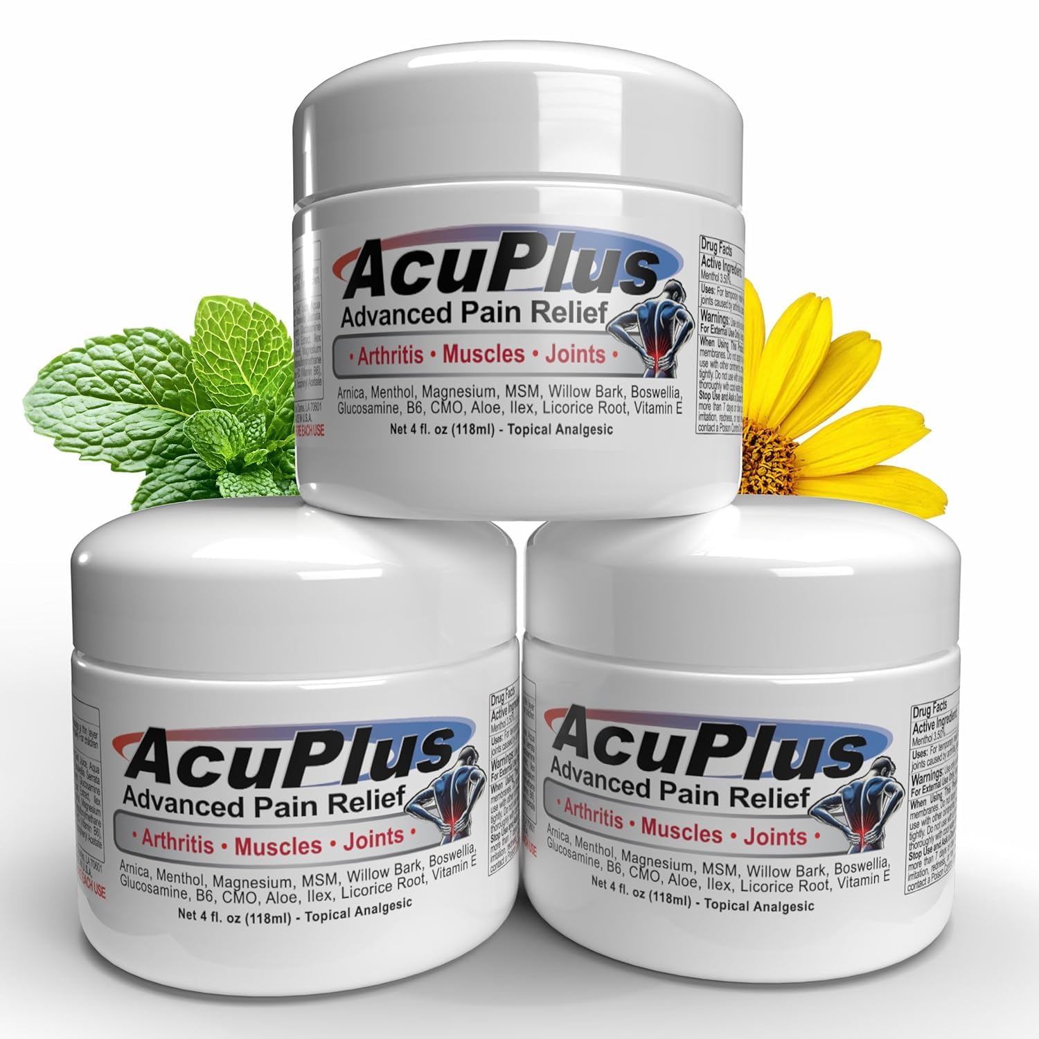 AcuPlus Pain Relief Cream – Fast-Acting Topical Anti-Inflammatory for Muscle & Joint Pain (4 oz, Pack of 3)