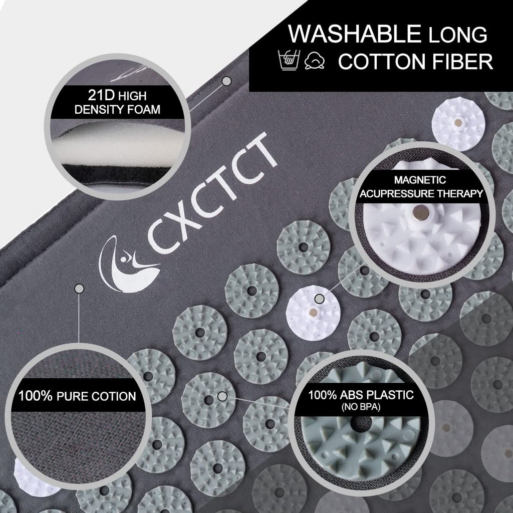 Extra Long Yoga Acupressure Mat Set with Magnetic Points – Full-Body Massage Pillow for Neck & Back Pain Relief (Grey)