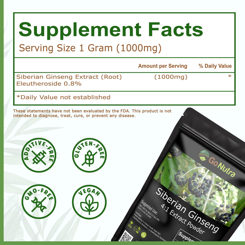 Go Nutra Siberian Ginseng - Eleuthero Root Powder 4:1 Extract | Energy & Stamina | Non-GMO | 4 oz