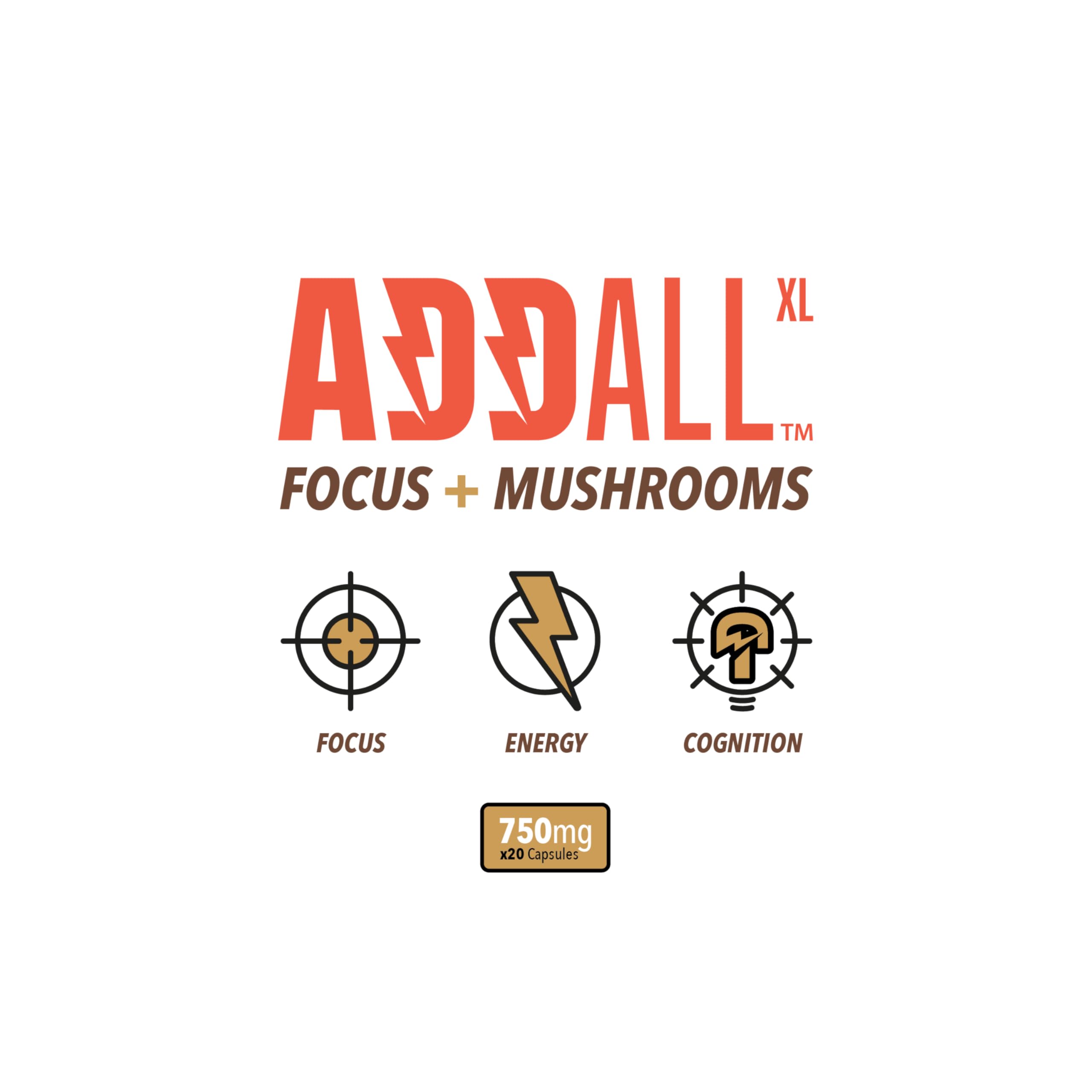 Addall Focus + Mushroom Memory Supplement (30 Count) – Nootropic for Focus, Energy & Memory | USA Made