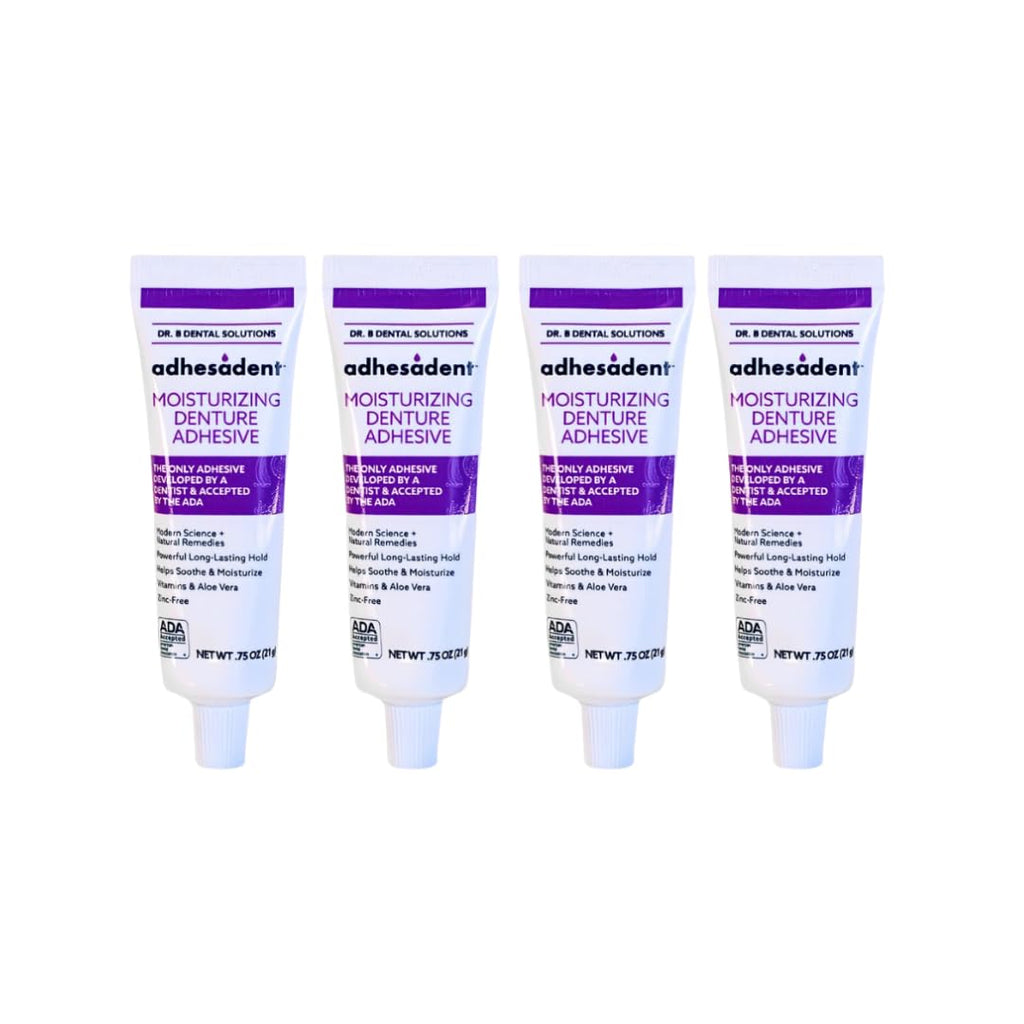 Dr. B Adhesadent Moisturizing Denture Adhesive – Zinc-Free, Natural Taste, ADA Approved – 4×0.75 oz Travel Pack
