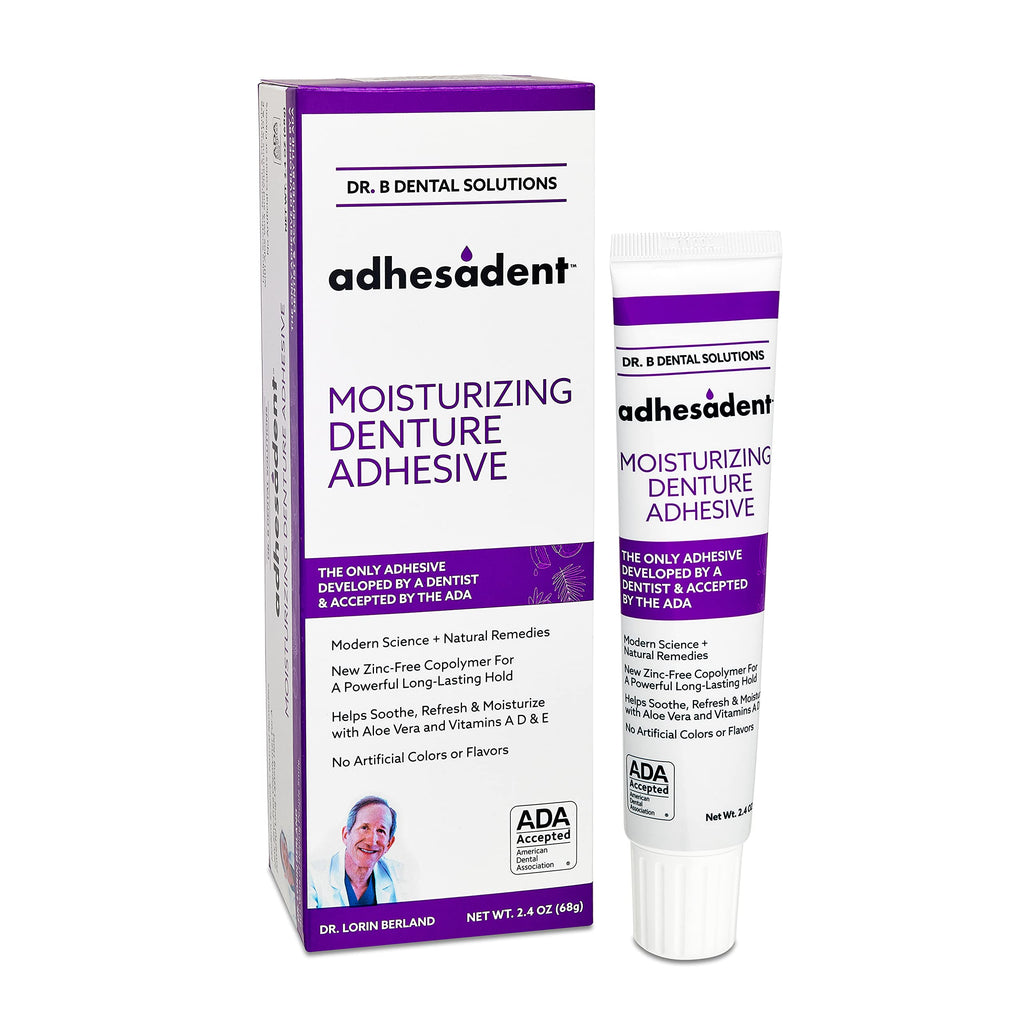 Dr. B Dental Solutions Adhesadent Moisturizing Denture Adhesive - Zinc-Free, Secure Hold for Dentures and Overdentures - Natural Taste | 2.4 oz