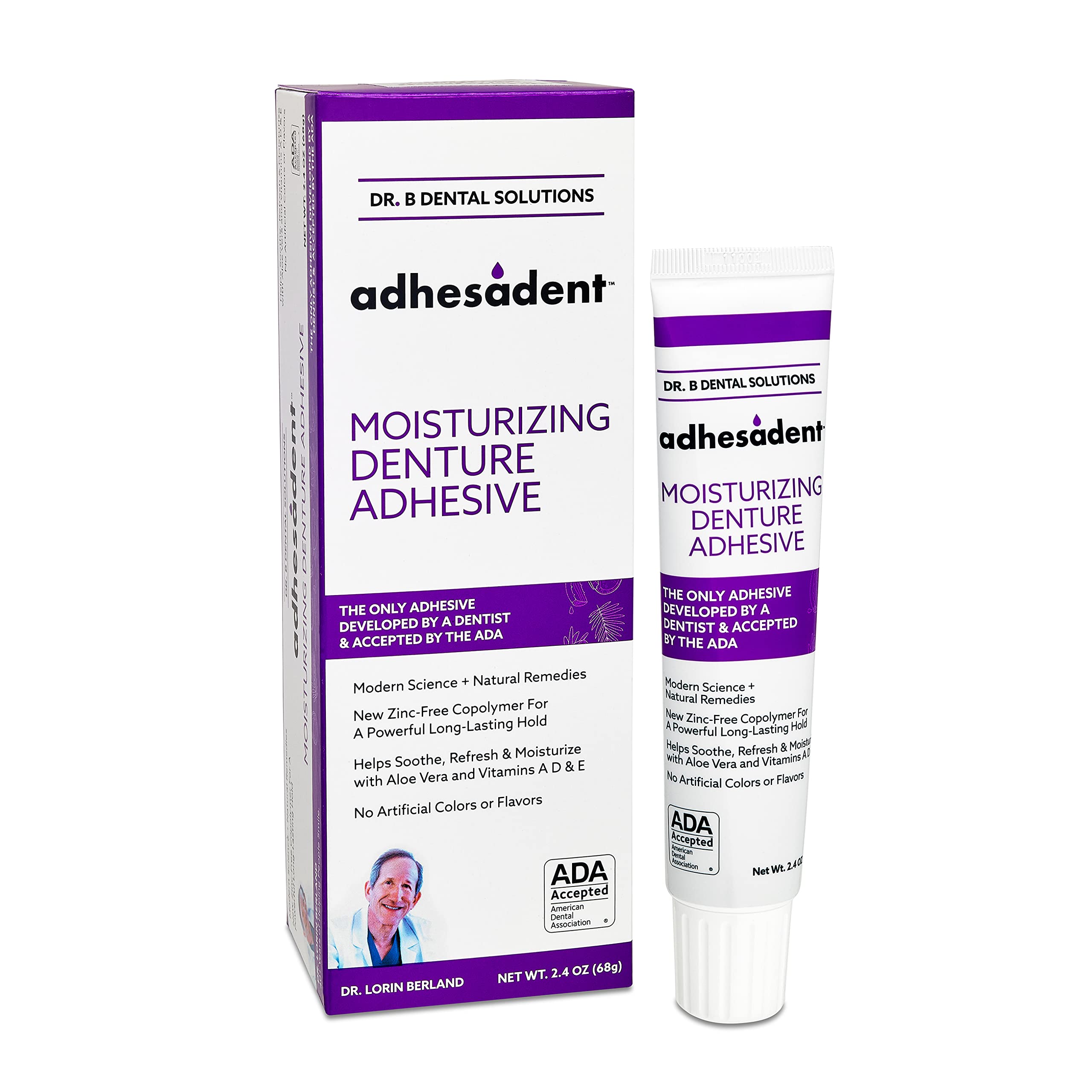 Dr. B Dental Solutions Adhesadent Moisturizing Denture Adhesive - Zinc-Free, Secure Hold for Dentures and Overdentures - Natural Taste | 2.4 oz