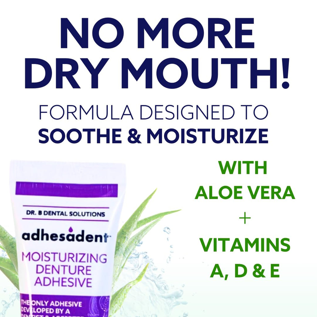 Dr. B Dental Solutions Adhesadent Moisturizing Denture Adhesive - Zinc-Free, Secure Hold for Dentures and Overdentures - Natural Taste | 2.4 oz