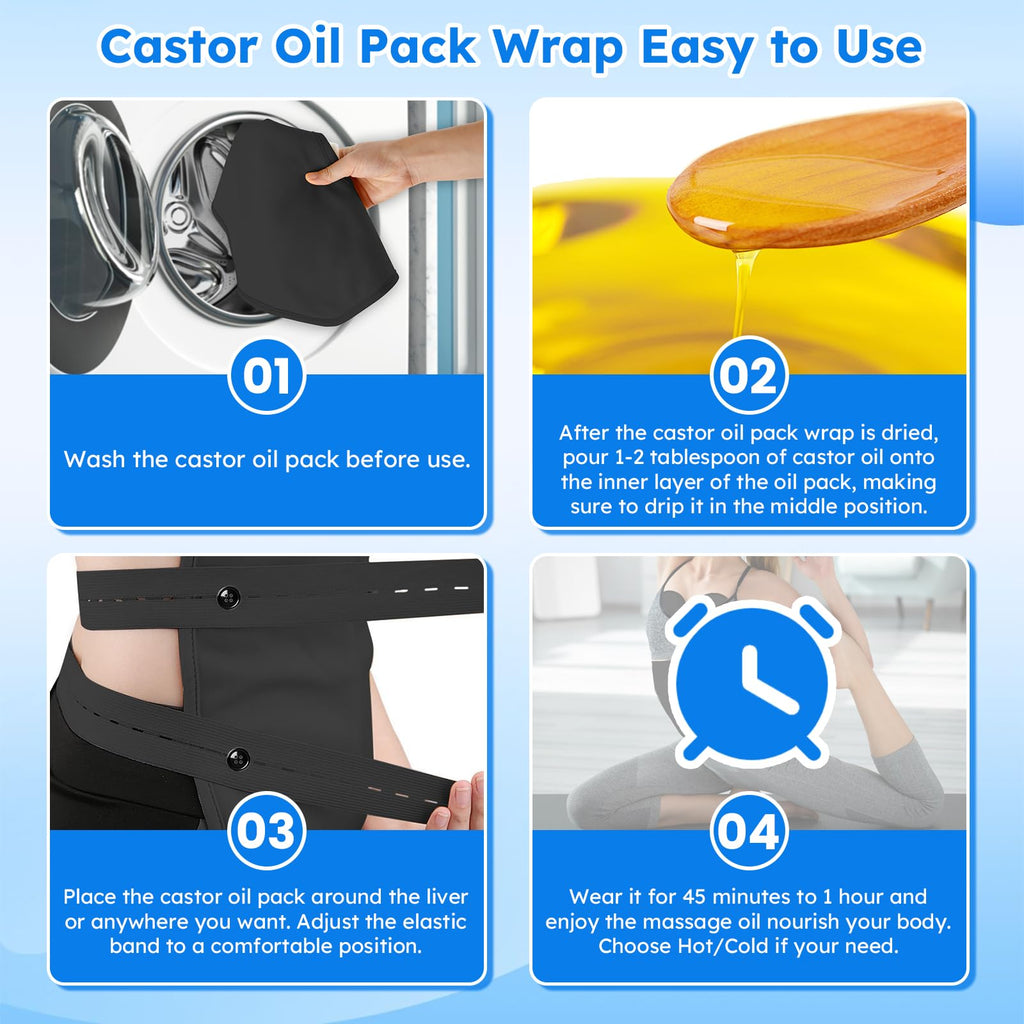 Castor Oil Pack Wrap Kit – 10 Pcs Reusable Organic Cotton with Adjustable Straps (Black)