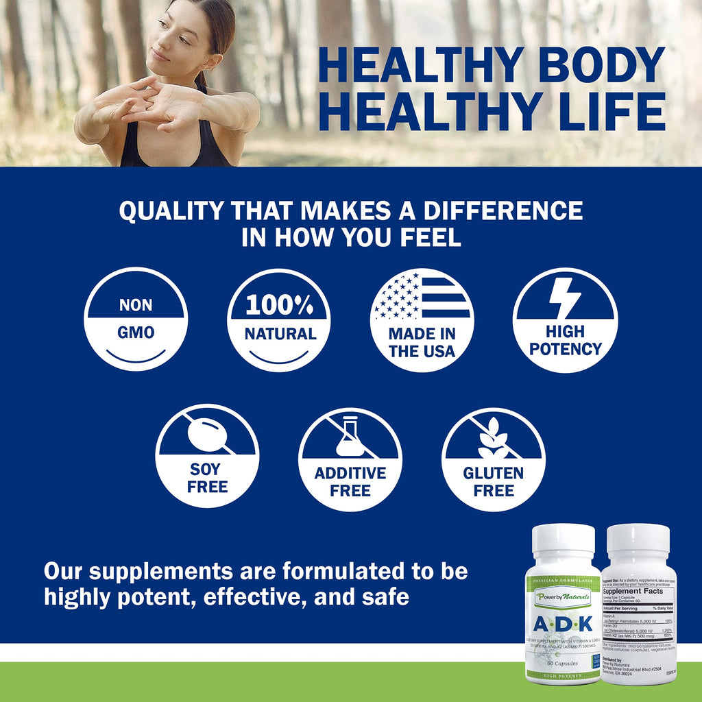 Power By Naturals ADK Vitamin Supplement: Vitamin A, D3 5000 IU, and Vitamin K2 MK-7 for Bone Health | Pack of 2 (60 Capsules Each)