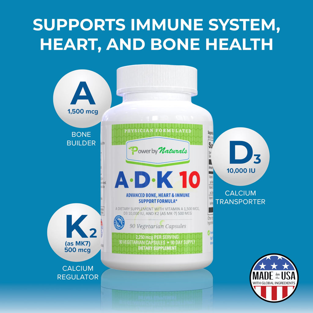 Power By Naturals ADK 10 Vitamin Supplement – A, D3 10,000 IU & K2 MK-7, 90 Capsules (3-Month Supply)