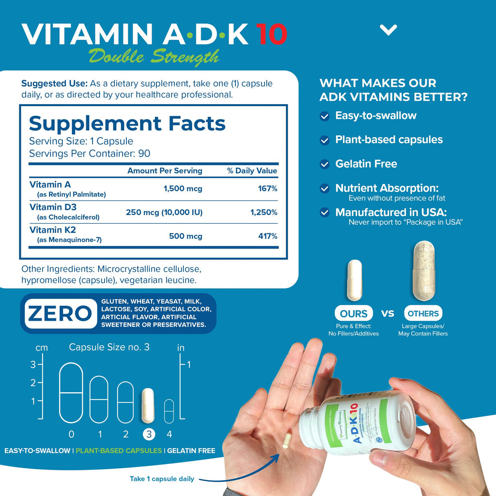 Power By Naturals ADK 10 Vitamin Supplement – A, D3 10,000 IU & K2 MK-7, 90 Capsules (3-Month Supply)