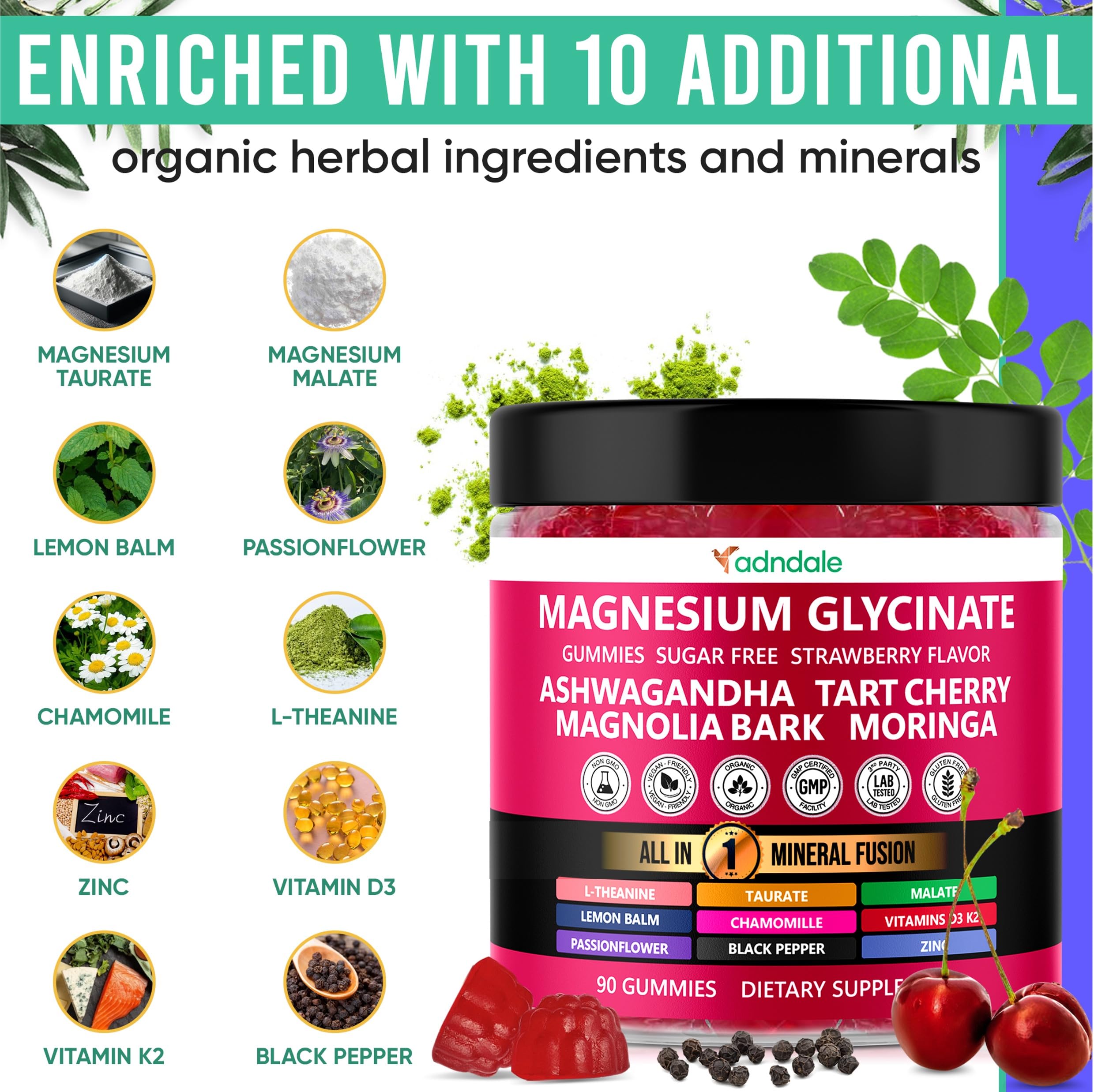 Adndale 180ct 15-in-1 Magnesium Glycinate Gummies 400 mg/serving with Ashwagandha, Tart Cherry & More
