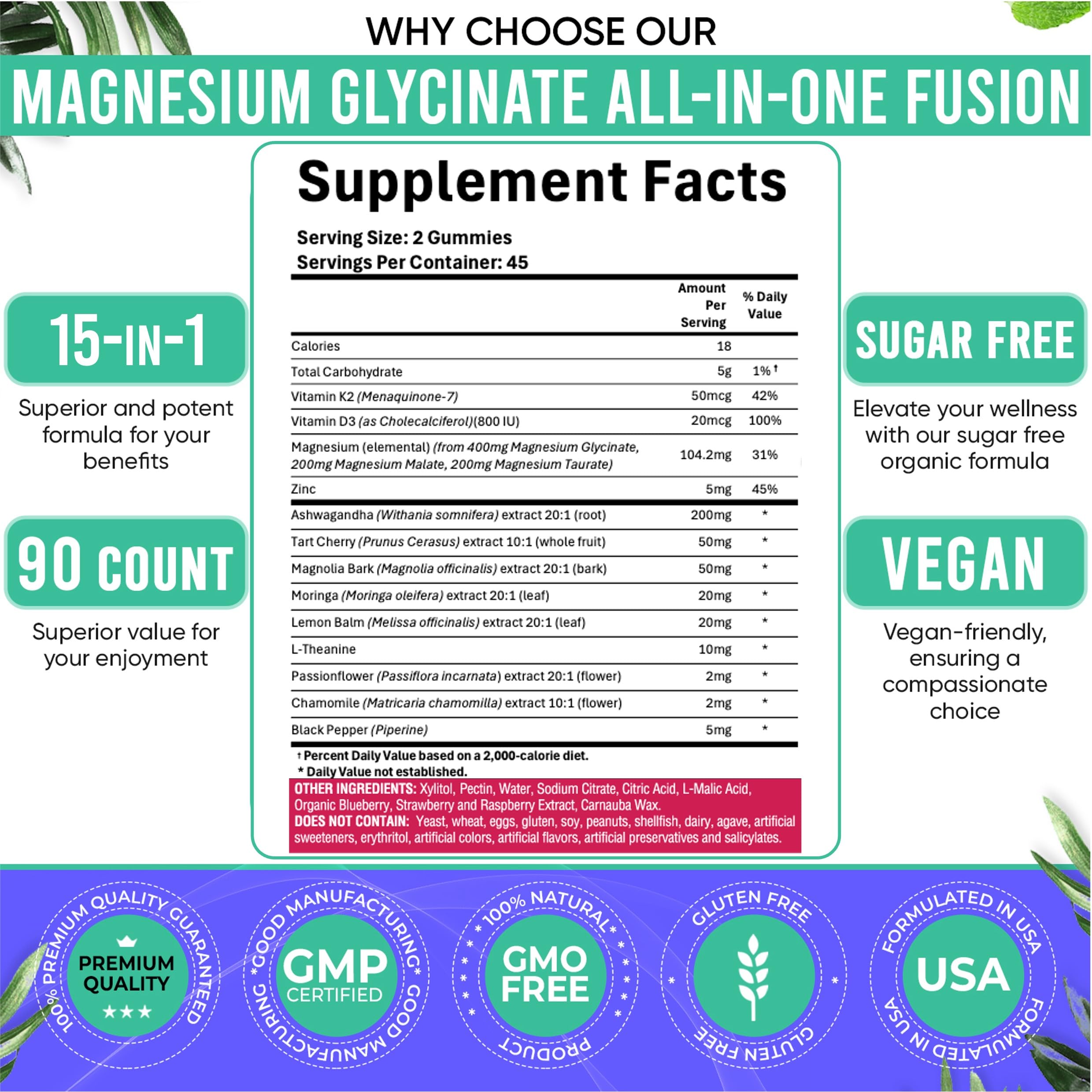 Adndale 180ct 15-in-1 Magnesium Glycinate Gummies 400 mg/serving with Ashwagandha, Tart Cherry & More