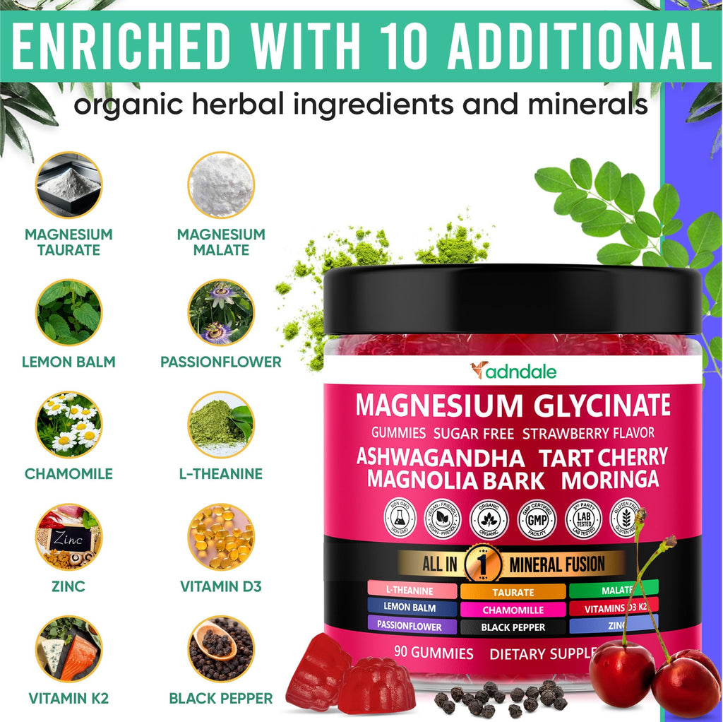 Adndale 180ct 15-in-1 Magnesium Glycinate Gummies 400 mg/serving with Ashwagandha, Tart Cherry & More
