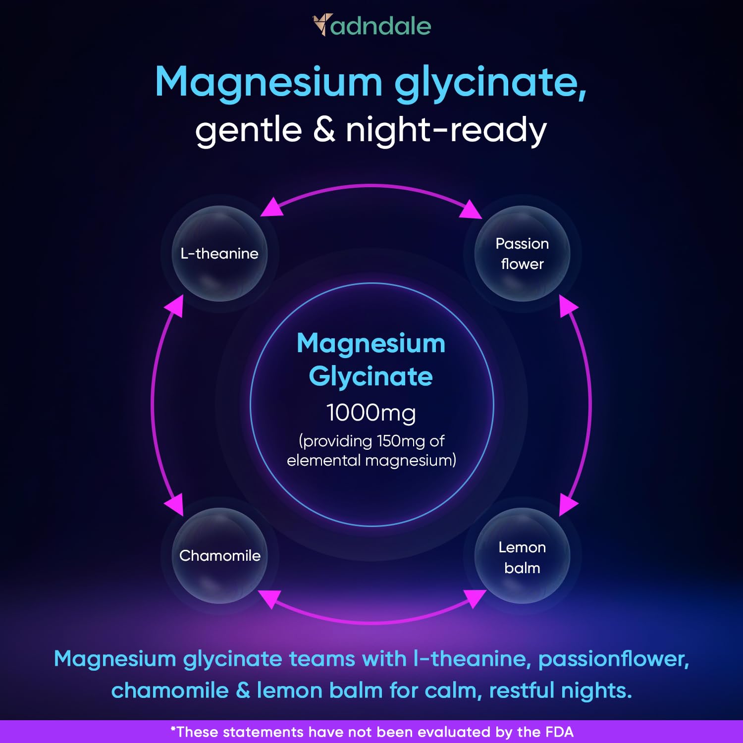 Adndale Pure Magnesium Glycinate Gummies - 90ct Sugar Free with L-Theanine & Herbs